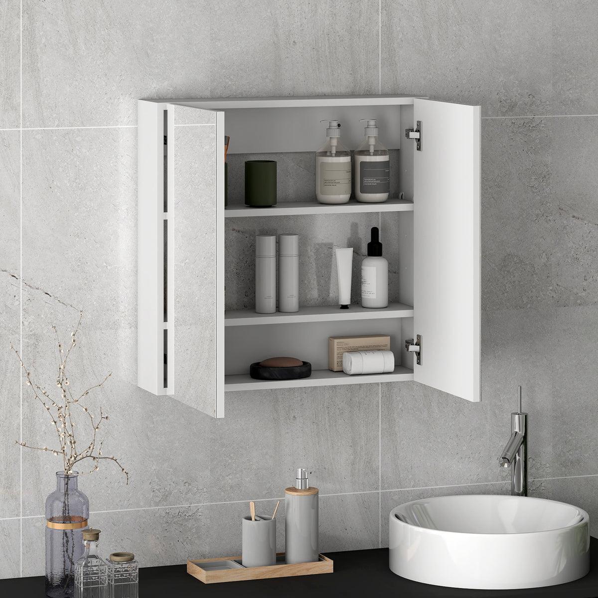 HOMCOM Bathroom Mirror Cabinet Wall Mounted, 60 X 15 X 60 Cm, White