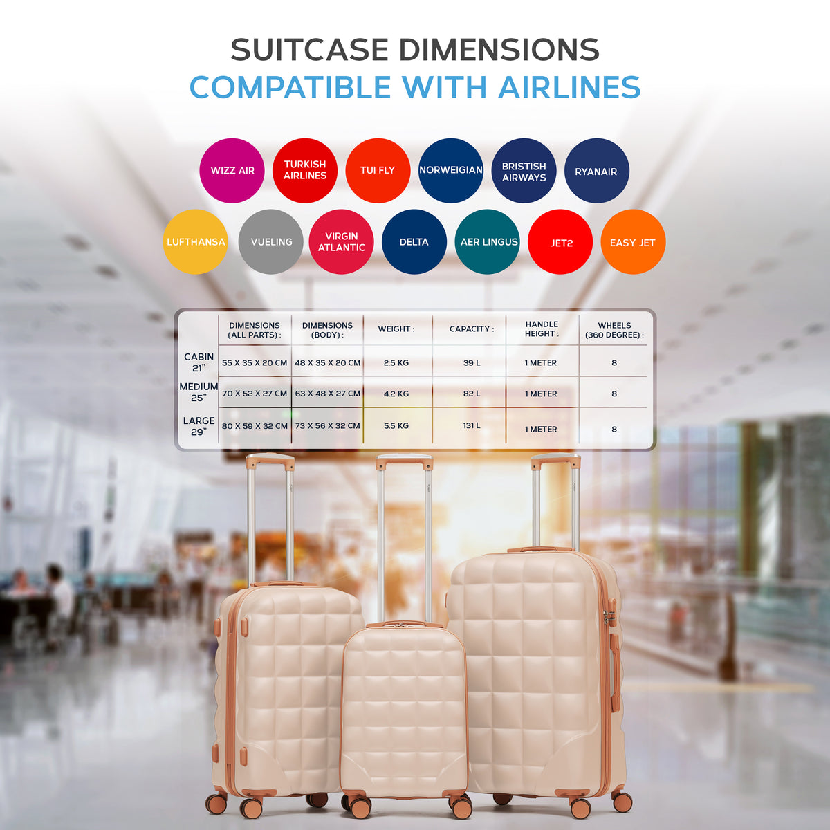 Set Of 3 Hard Case Bubble Design Check-in Size Suitcases Hold Luggage - Overhead Cabin Bag With Medium & Large Check-in 20kg+ Hold Suitcase | Set of 3 | Cream Granite