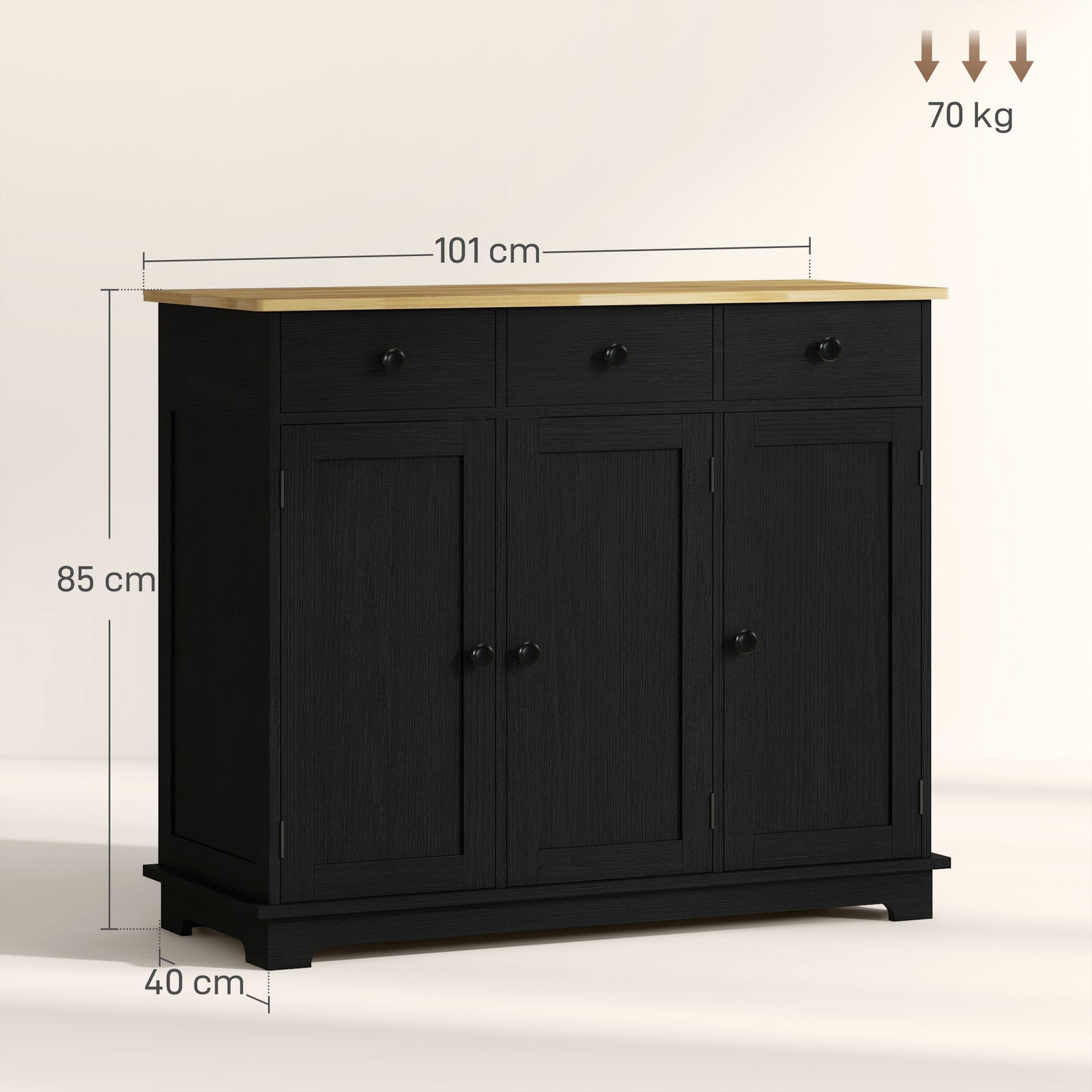 Sideboard Buffet Cabinet With Rubber Wood Top And Drawers | Black