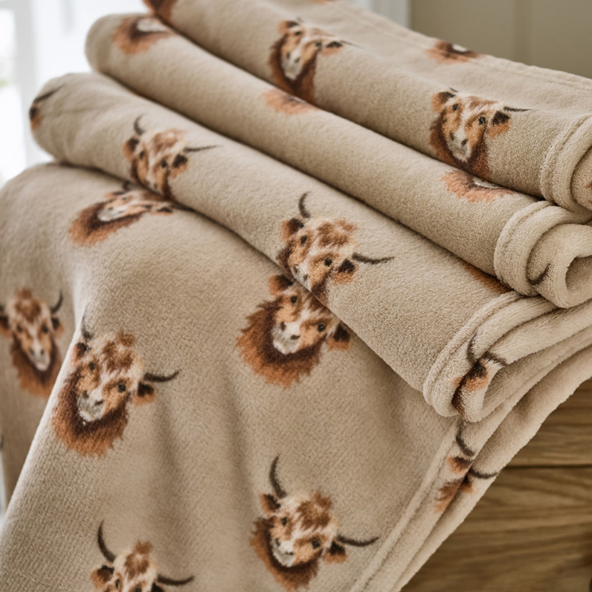 Supersoft Highland Cow Print Coral Fleece Throw
