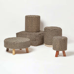 HOMESCAPES Black And Cream Aztec Style Jute Footstool Beanbag Round 45 X 40 Cm
