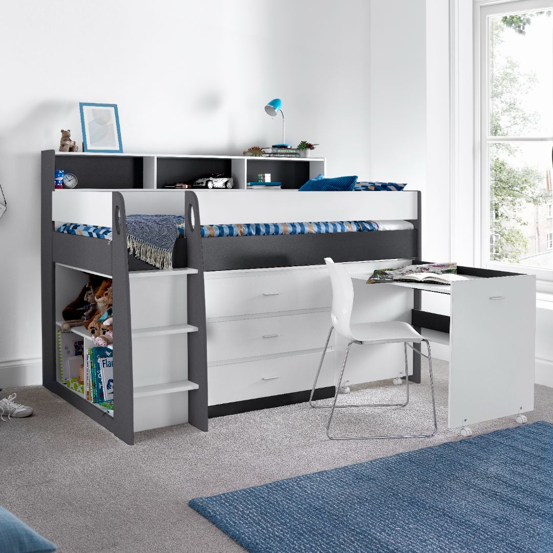 Ersa Mid Sleeper Bed With Desk With Orthopaedic Mattress | Single | Grey