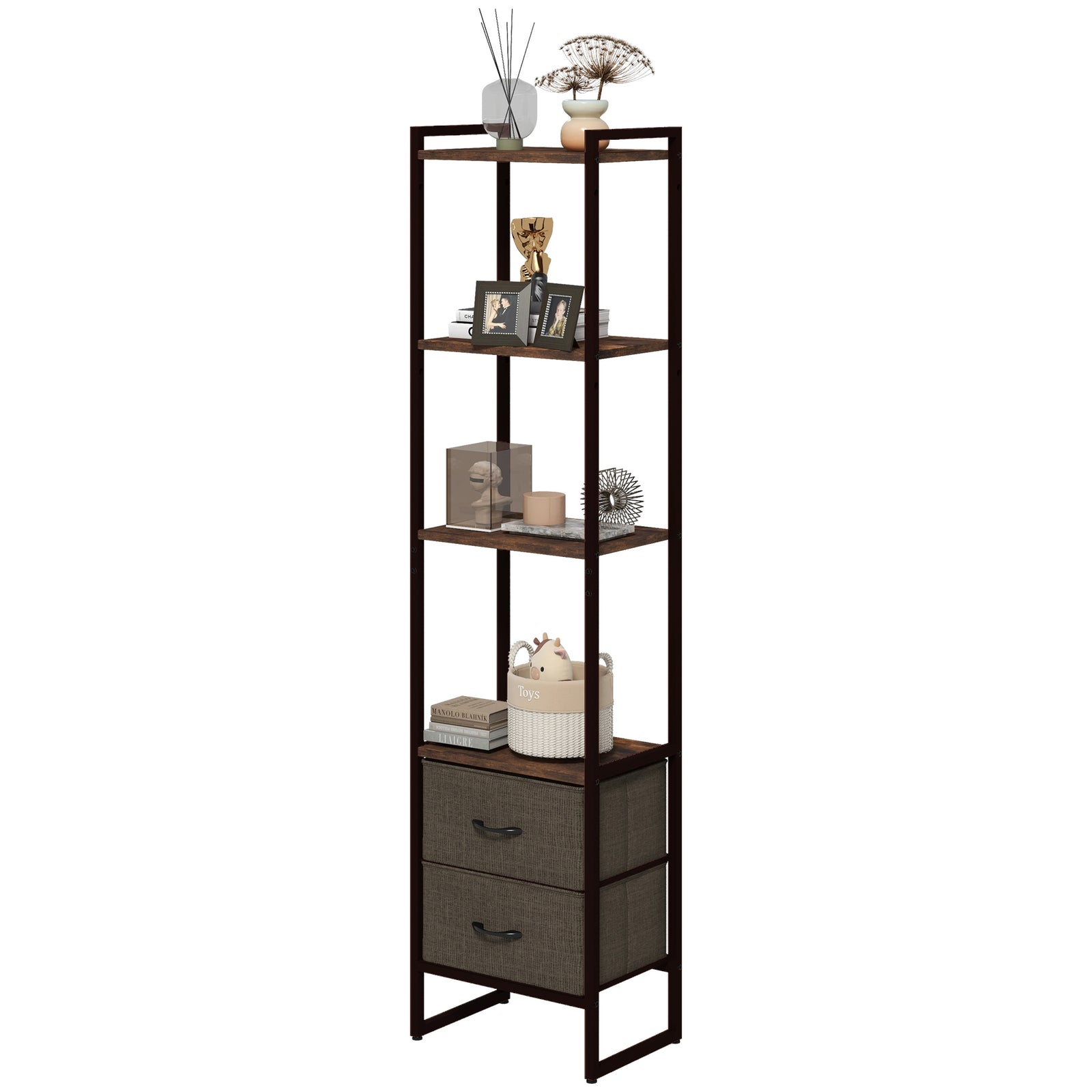 4-tier Bookshelf Bookcase With 2 Fabric Drawers