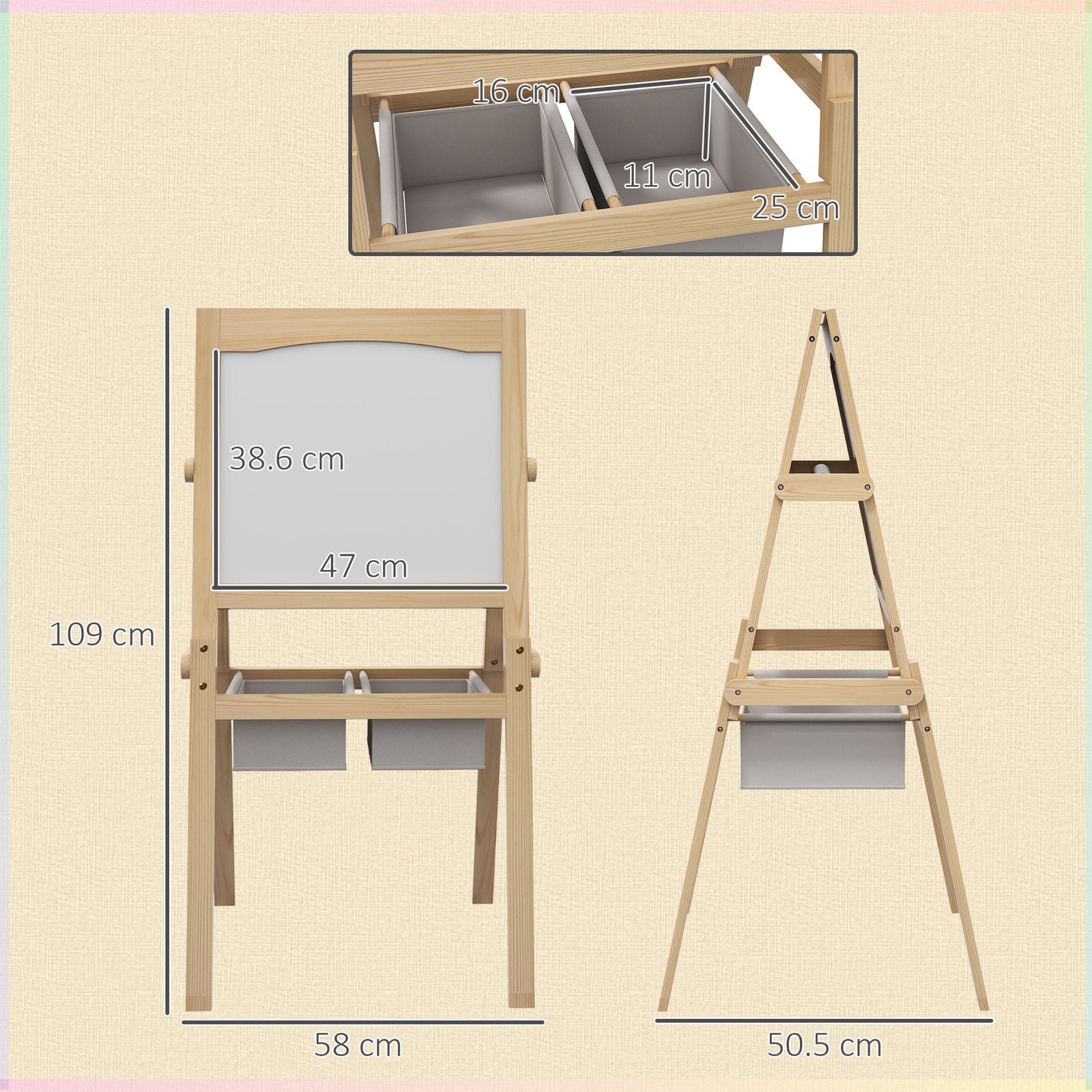 3 In 1 Kids Easel With Paper Roll, Storage Baskets - Natural