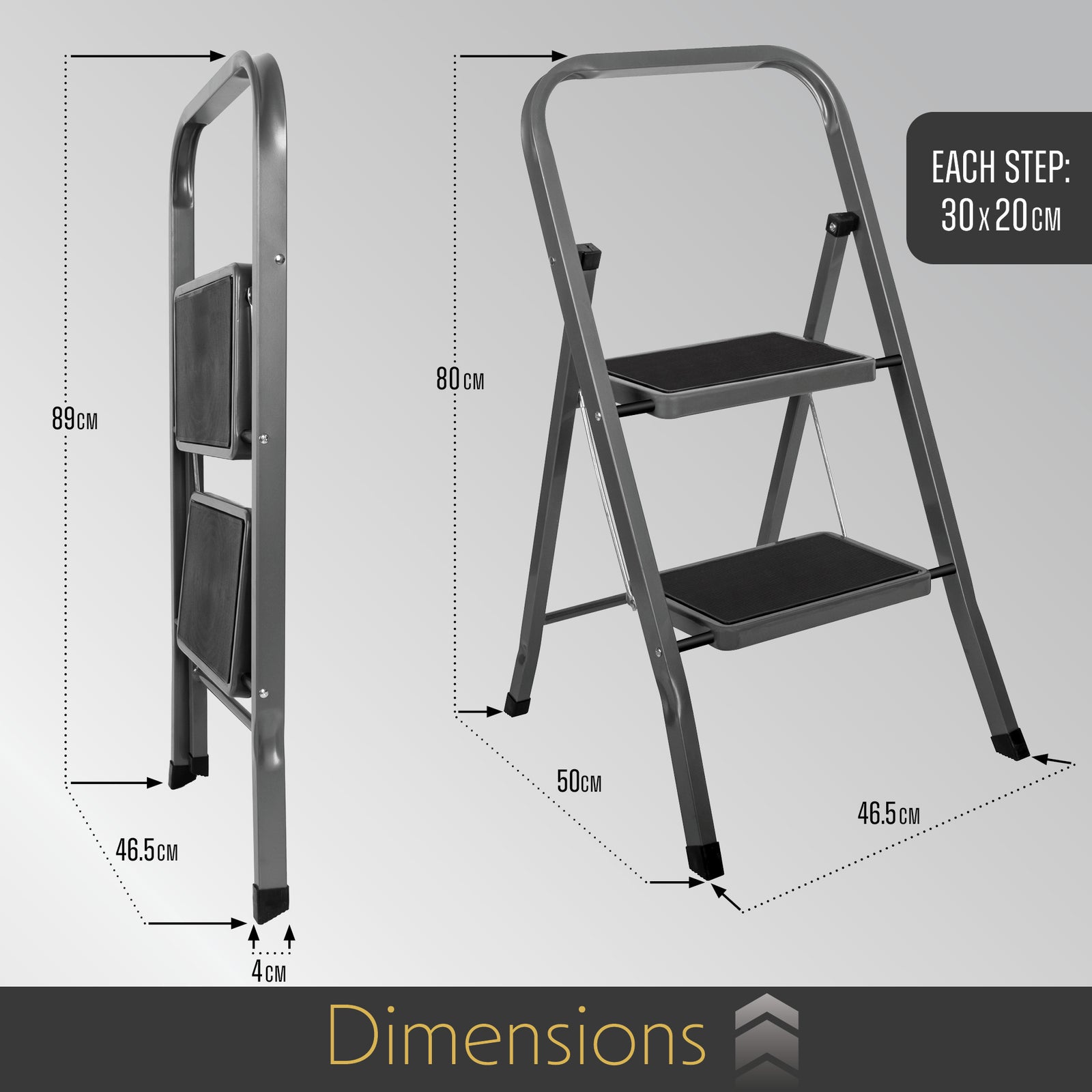 2 Step Ladder, Heavy-duty Steel Folding Home Diy Step Stool With Wide Non-slip Steps & Anti Slip Feet 150kg Capacity | 2 Step | Grey