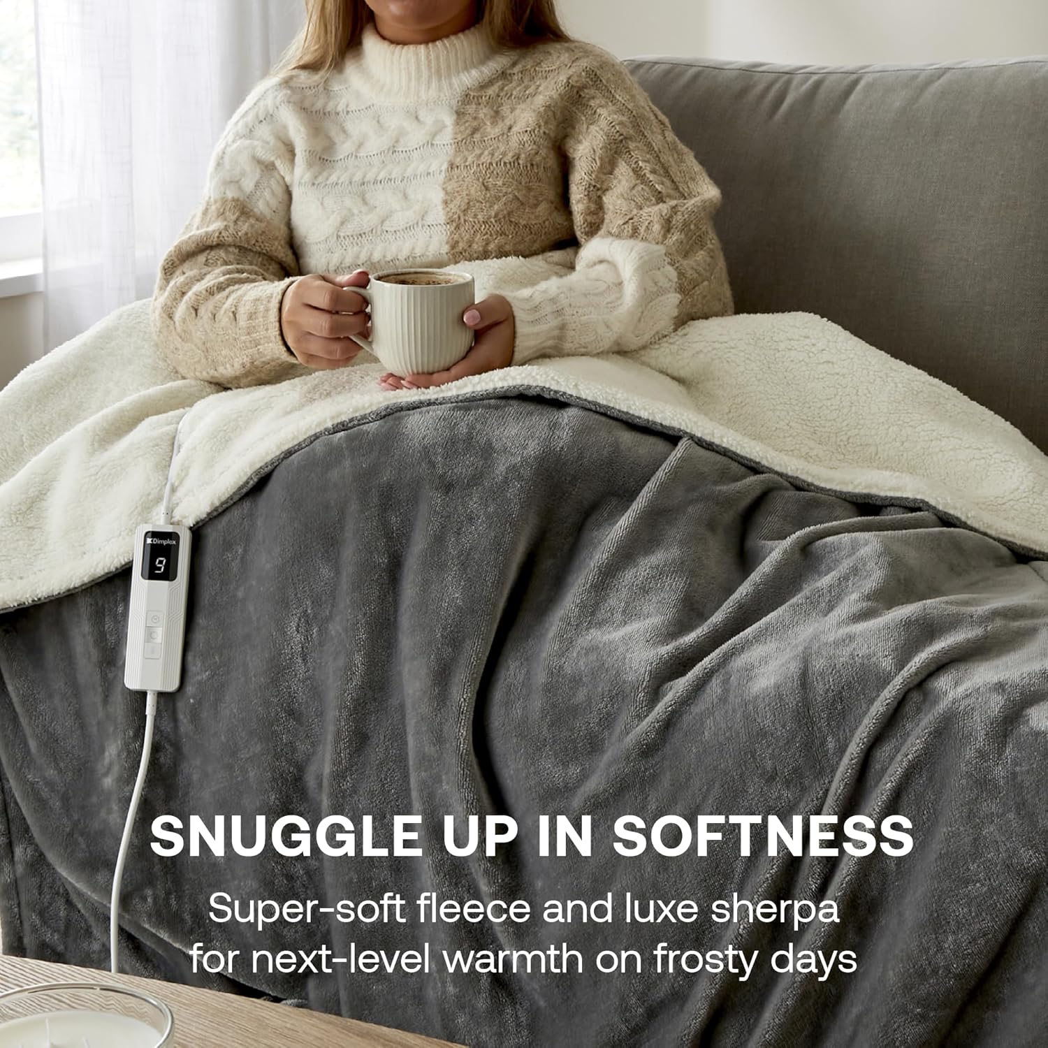 Super Cosy Sherpa Washable Heated Throw With Timer - Grey/white