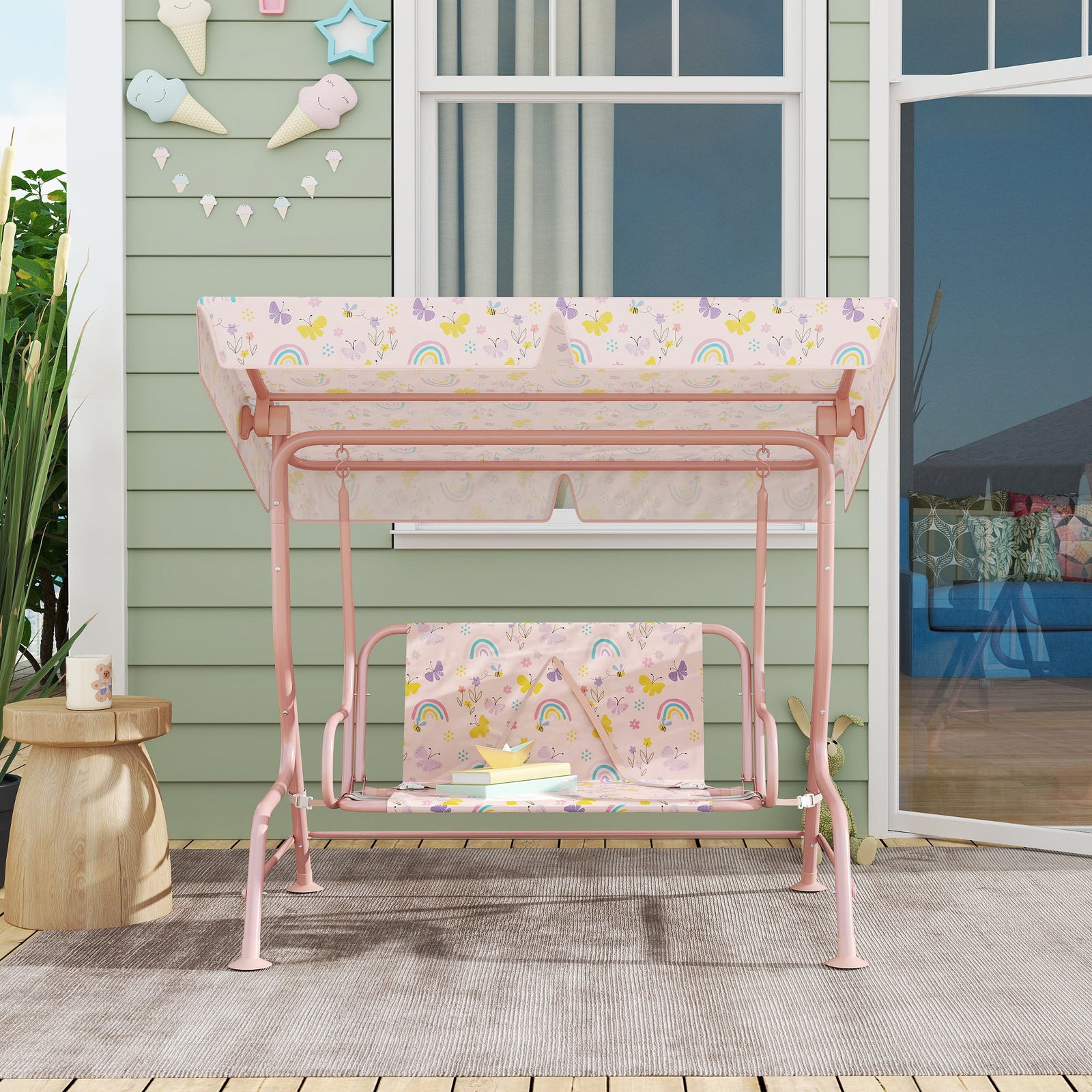 Kids Garden Swing Seat, Outdoor Swing Chair With Adjustable Canopy | Pink