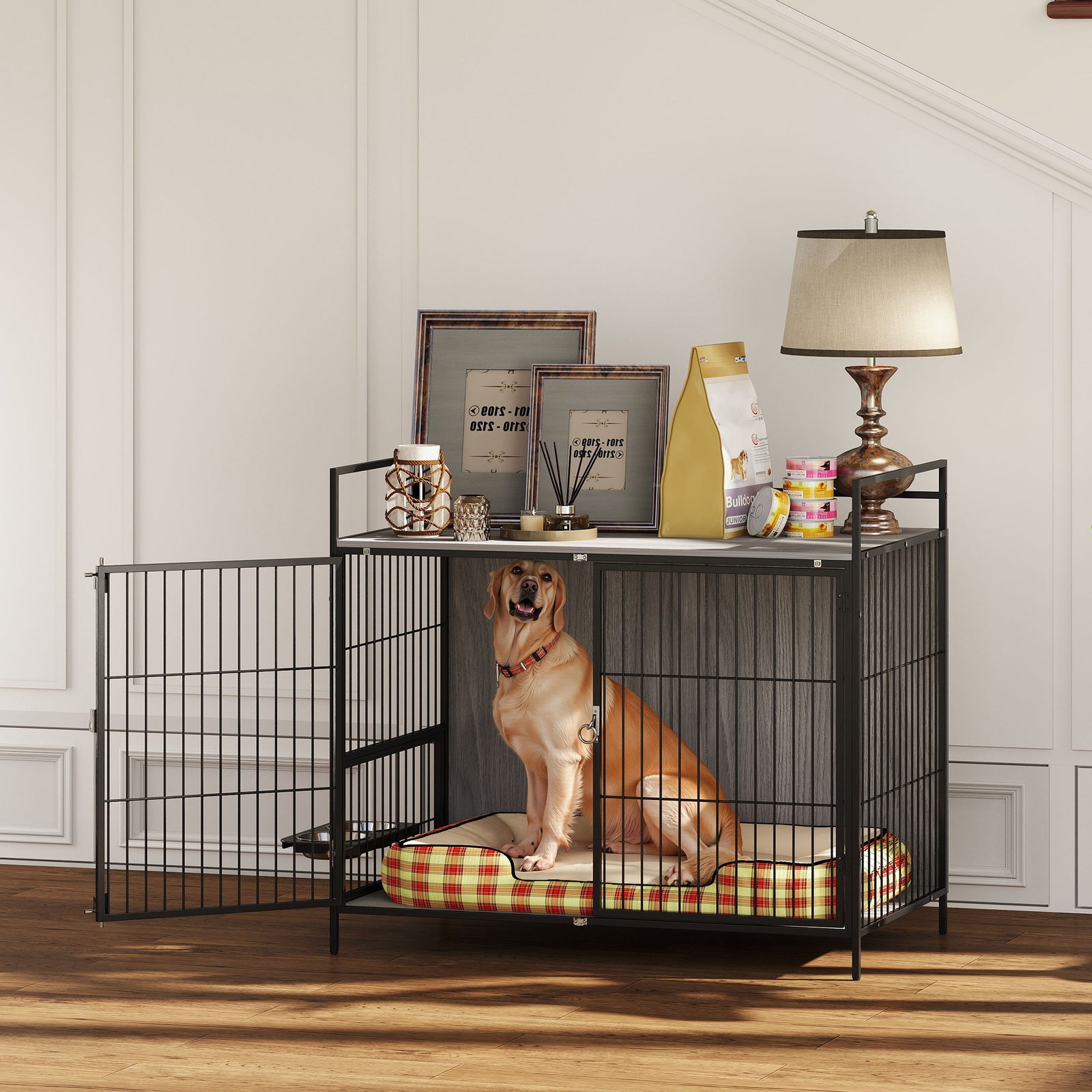Pawhut Dog Crate Furniture With Rotating Bowl Holder For Large Dogs, Grey