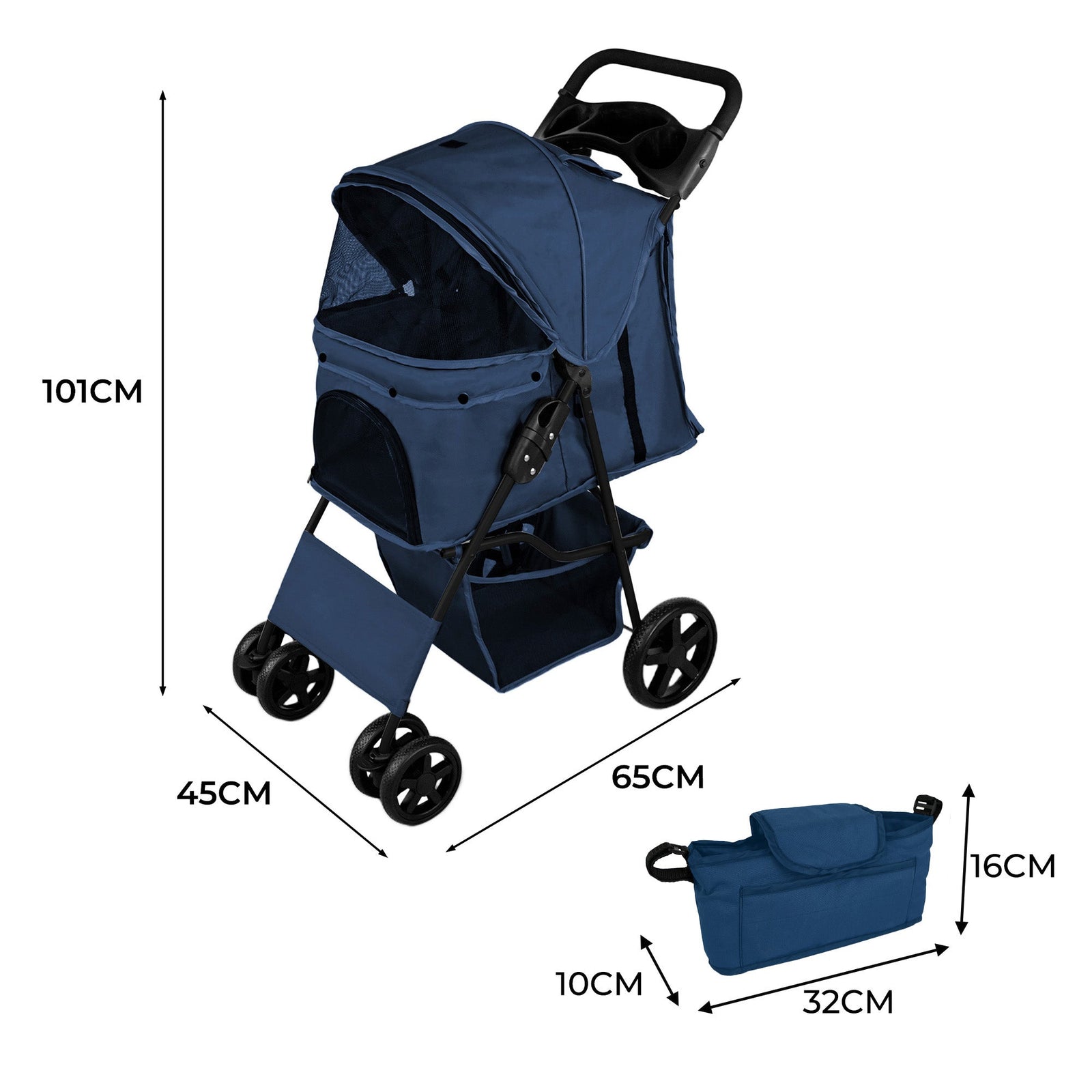 Pet Stroller With Rain Cover & Caddy Bag | Blue