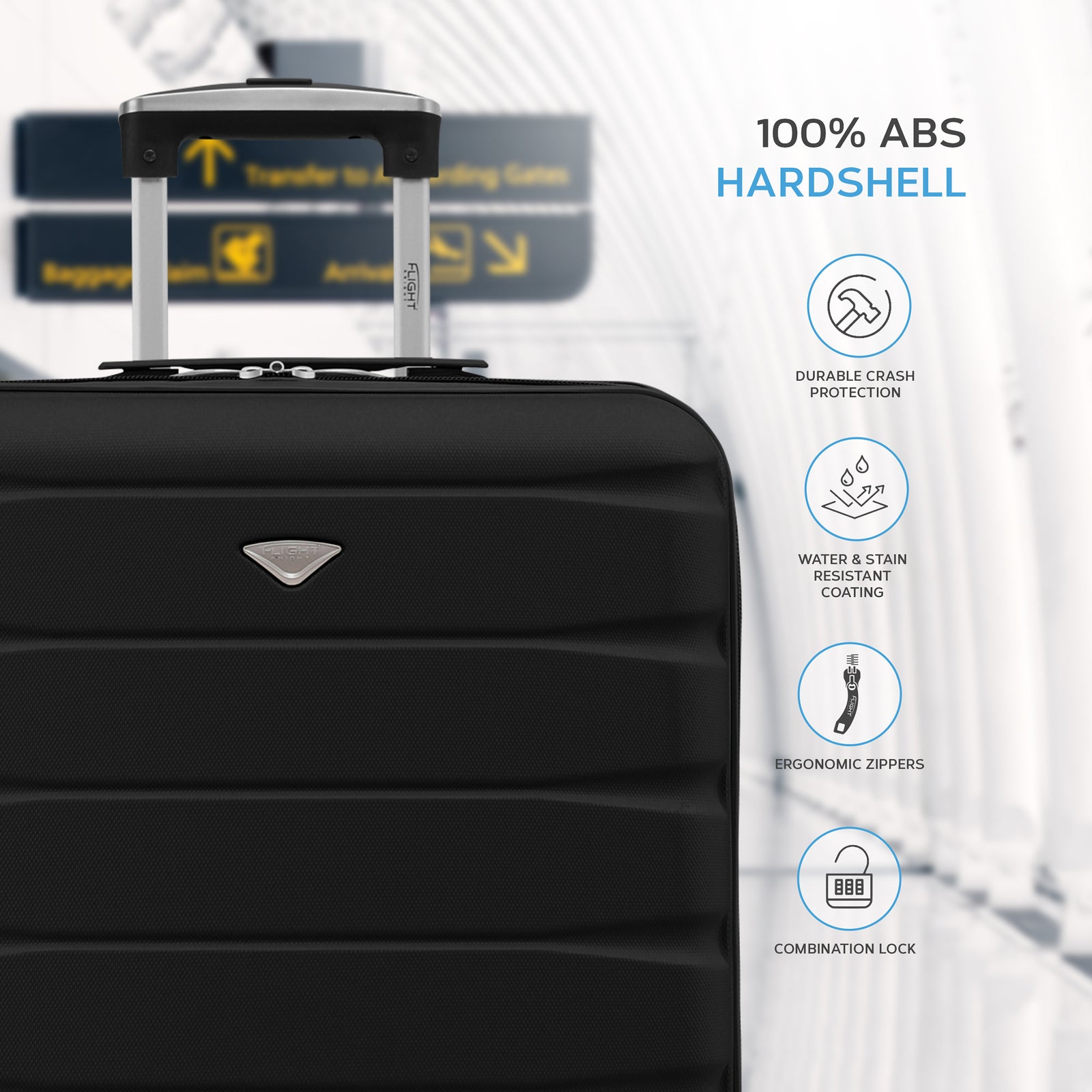 56x45x25cm Large Cabin Carry On Case - Overhead Luggage Suitcase - 4 Spinner Wheels - Abs Shell | 56 x 45 x 25cm | Black & Silver