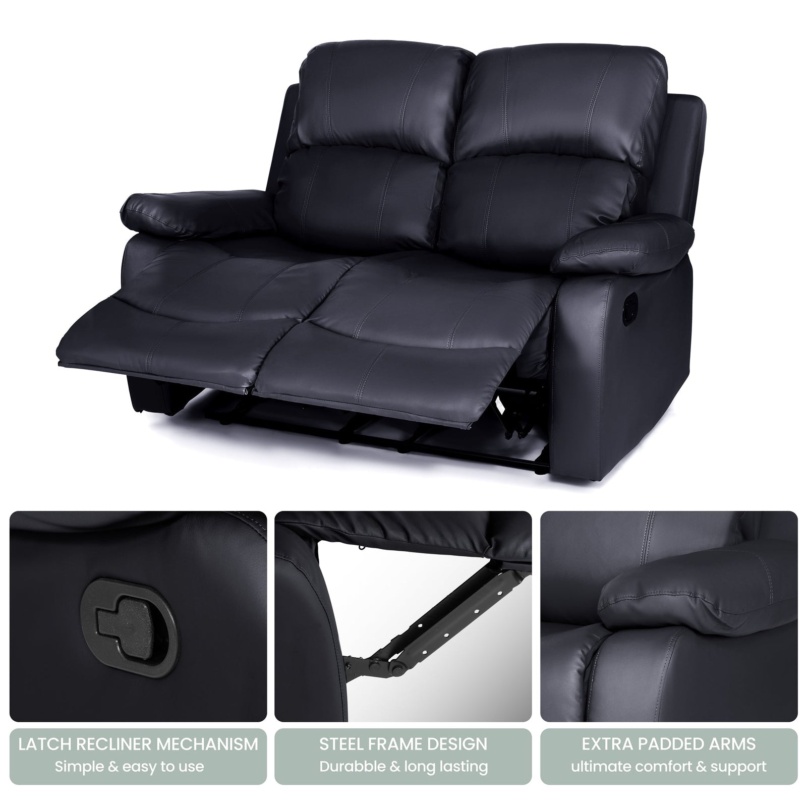 Bonded Leather Recliner Sofa - 2 Seater | Black