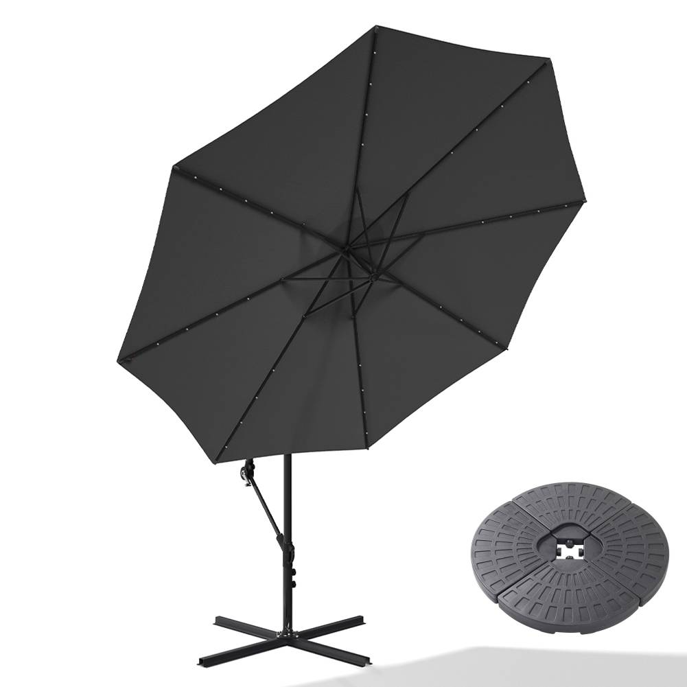 3 M Banana Patio Umbrella Cantilever Garden Parasol With Solar-powered 32 Led Lights, Crank For Opening Closing With Cross Base & Fillable Base | One Size | Dark Grey