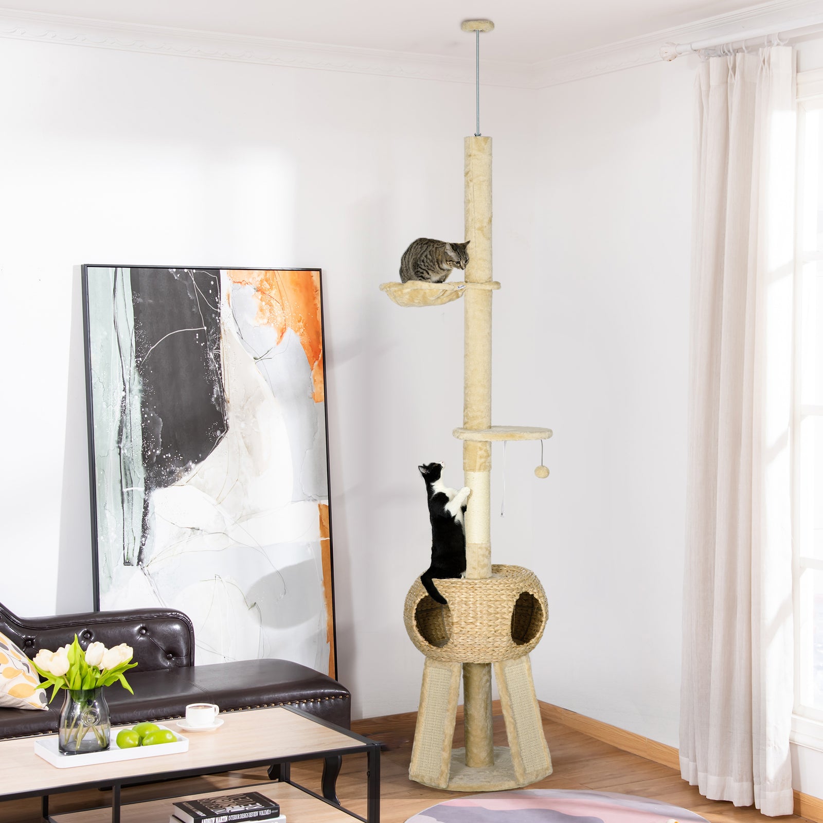 255cm Cat Tree Tower W/ Scratching Post, Cat House, Ball, Platform, Beige