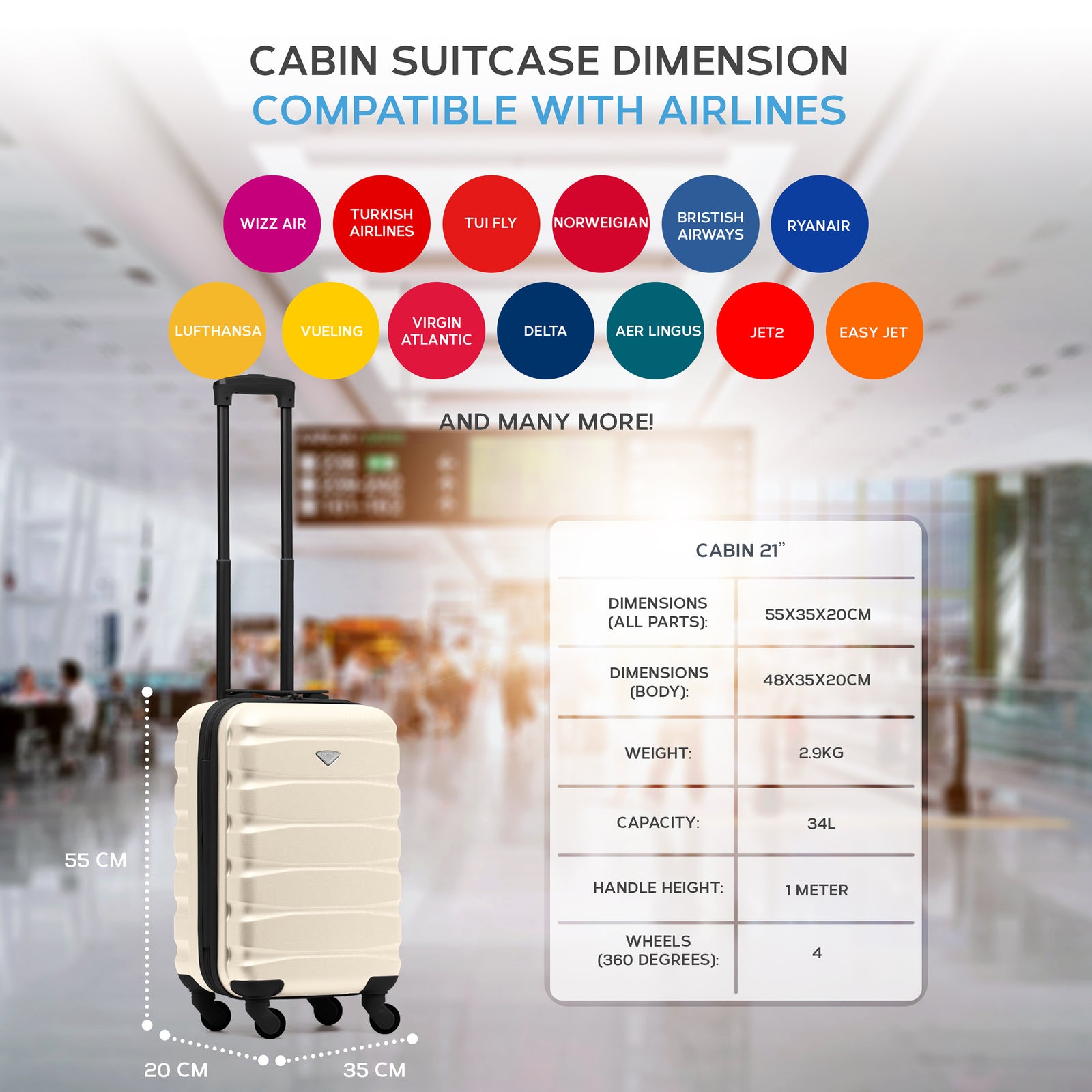 55x35x20cm Cabin Carry On Suitcase Hard Shell Overhead Luggage 100+ Airlines Approved | Cabin | Cream & Black