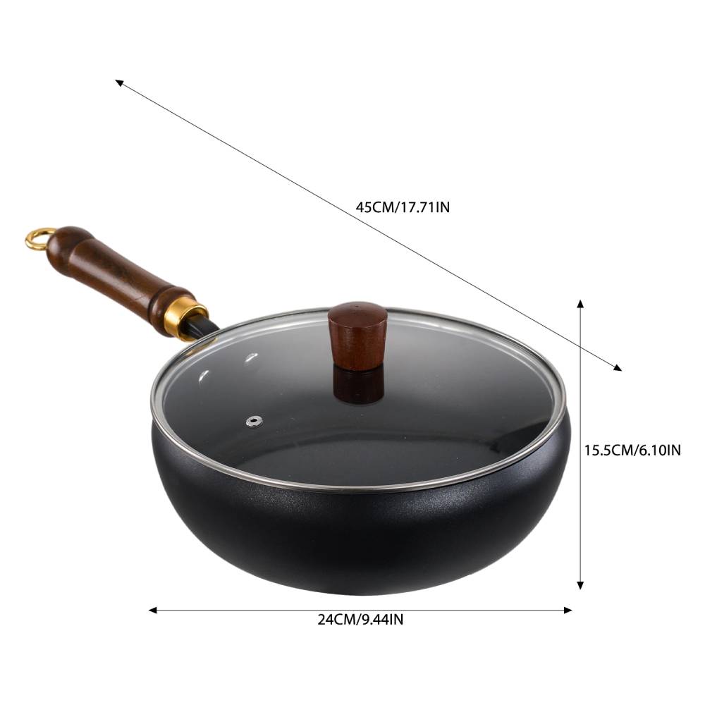 Long-handle Iron Deep Wok Pan With Lid | 24cm