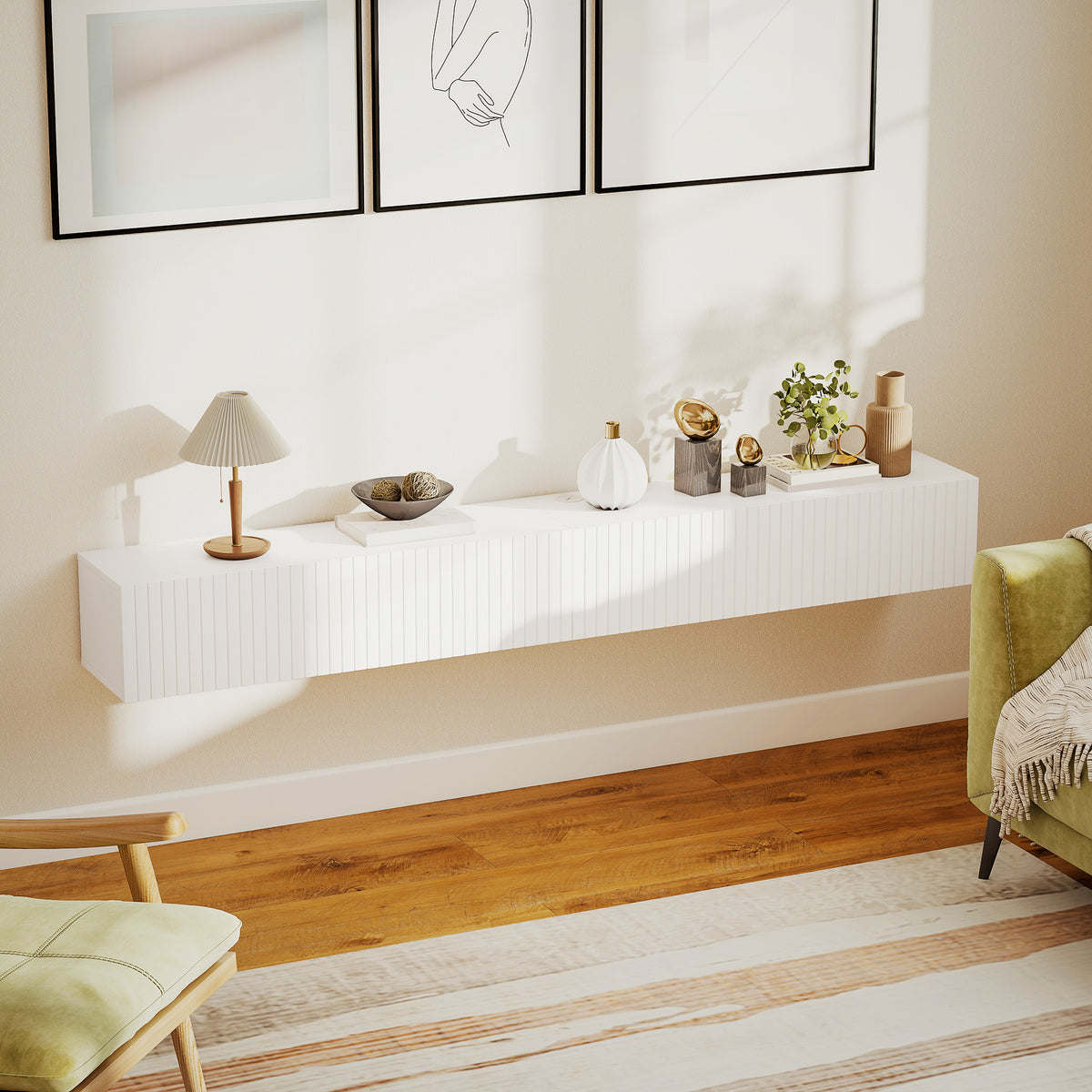Wall Mount Tv Stand Cabinet With Fluted Flip-down Doors | White