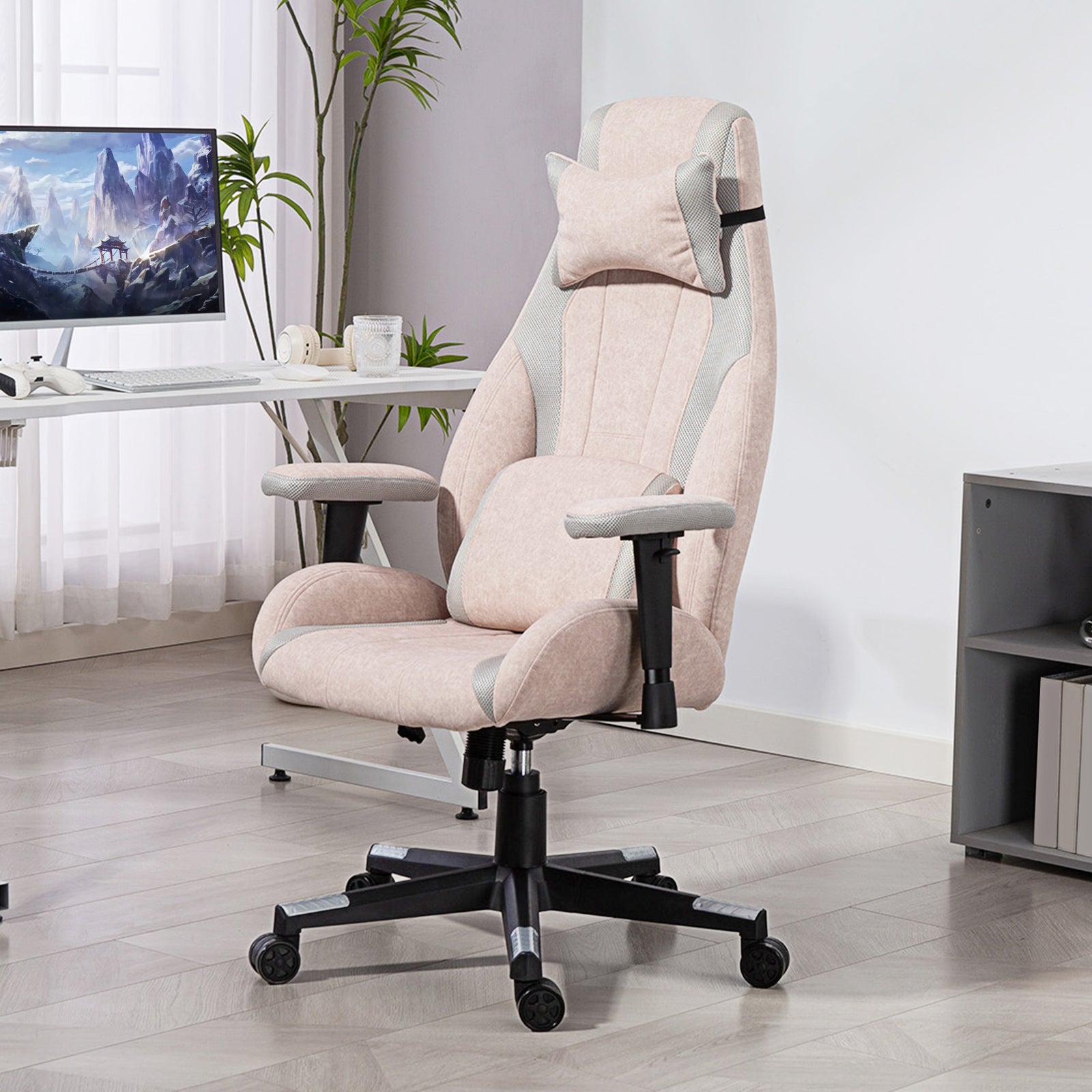 Gamer Computer Chair, Gaming Chair With Swivel Wheels, Pale Pink
