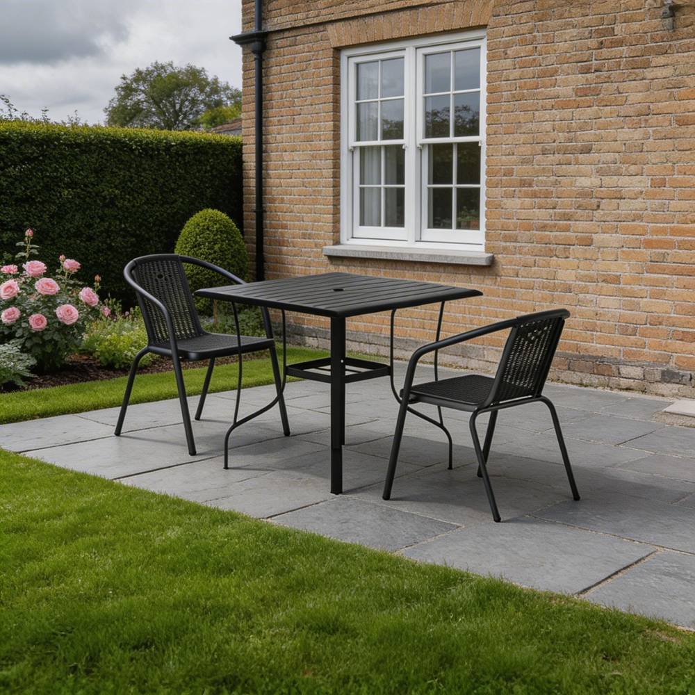 3-pieces Patio Dining Sets Metal Slatted Coffee Table With Rattan Chairs