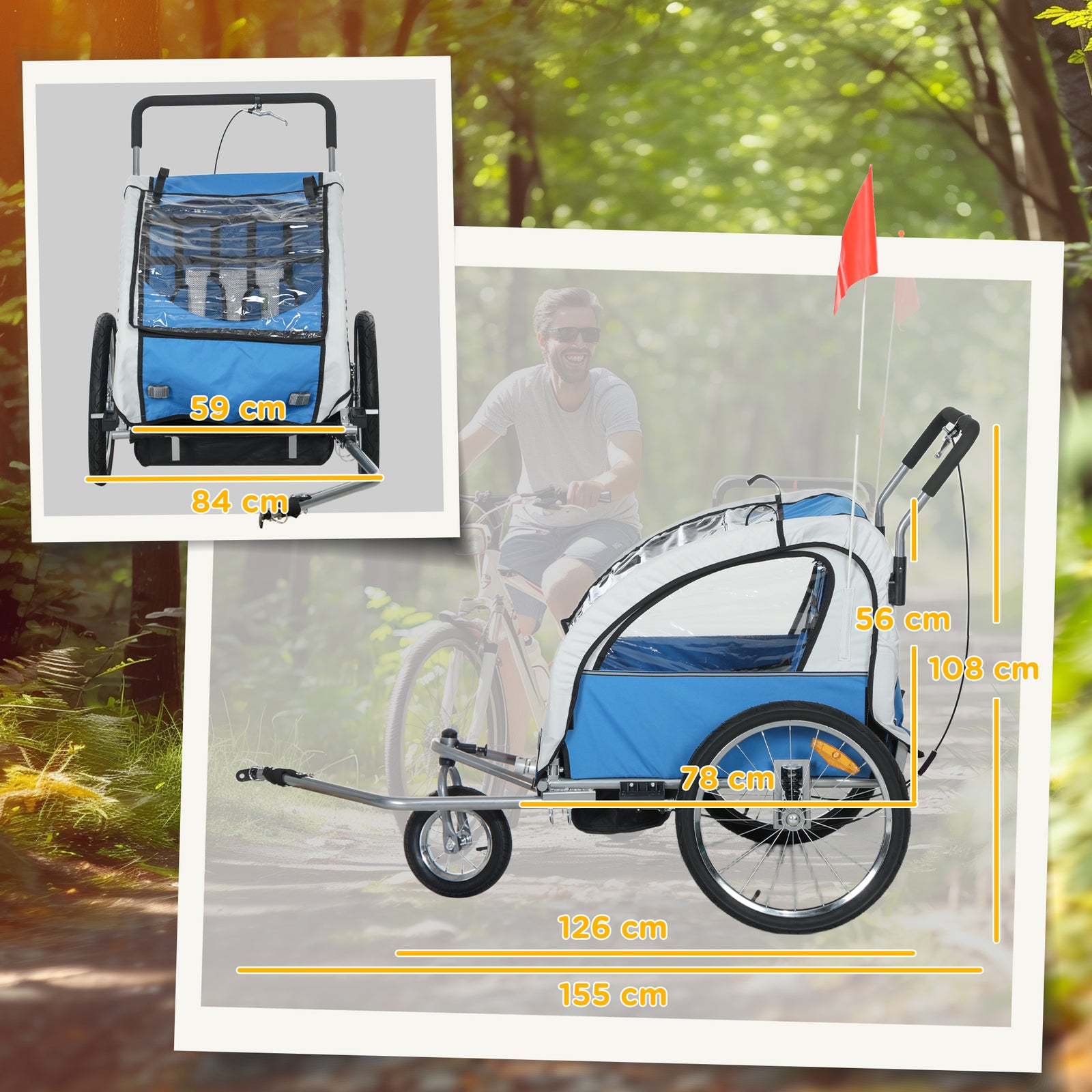 2 Seat Bike Trailer With 5 Point Harness, Safety Flag, Reflectors | Blue