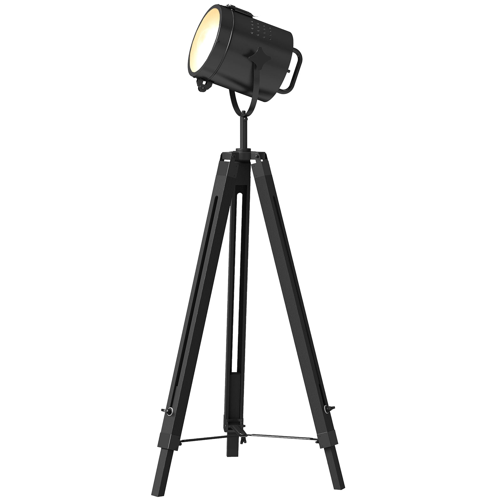 HOMCOM Industrial Tripod Floor Lamp Wood Height Adjustable Spotlight, Black