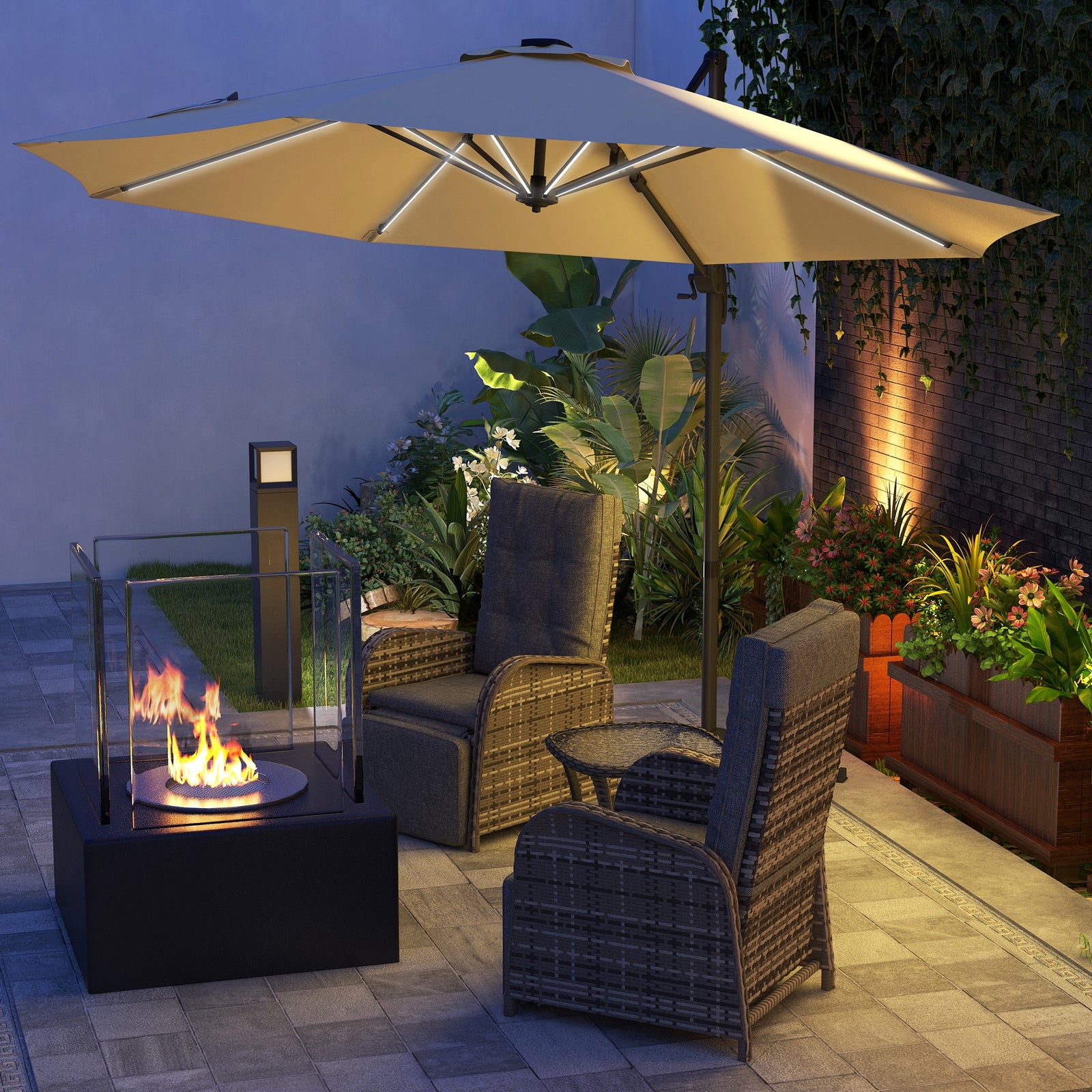 3m Solar Led Cantilever Parasol W/ Base | Khaki