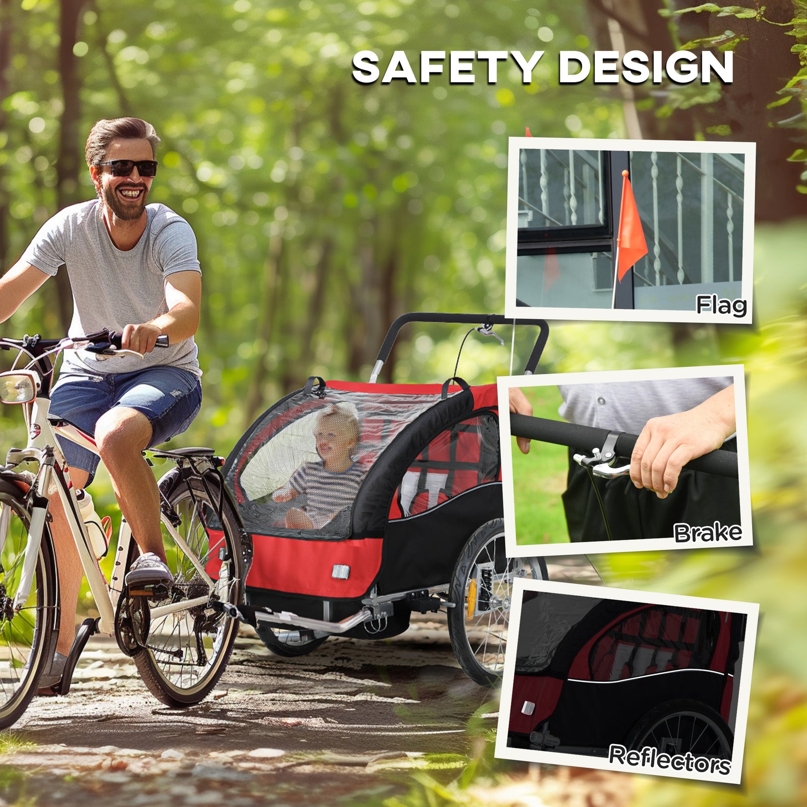 2 Seat Bike Trailer With 5 Point Harness, Safety Flag, Reflectors | Red