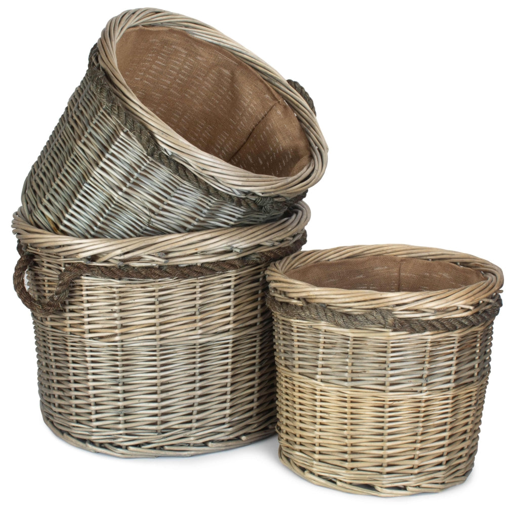 Wicker Rope Handled Antique Wash Round Log Basket | Set-of-3 | Brown