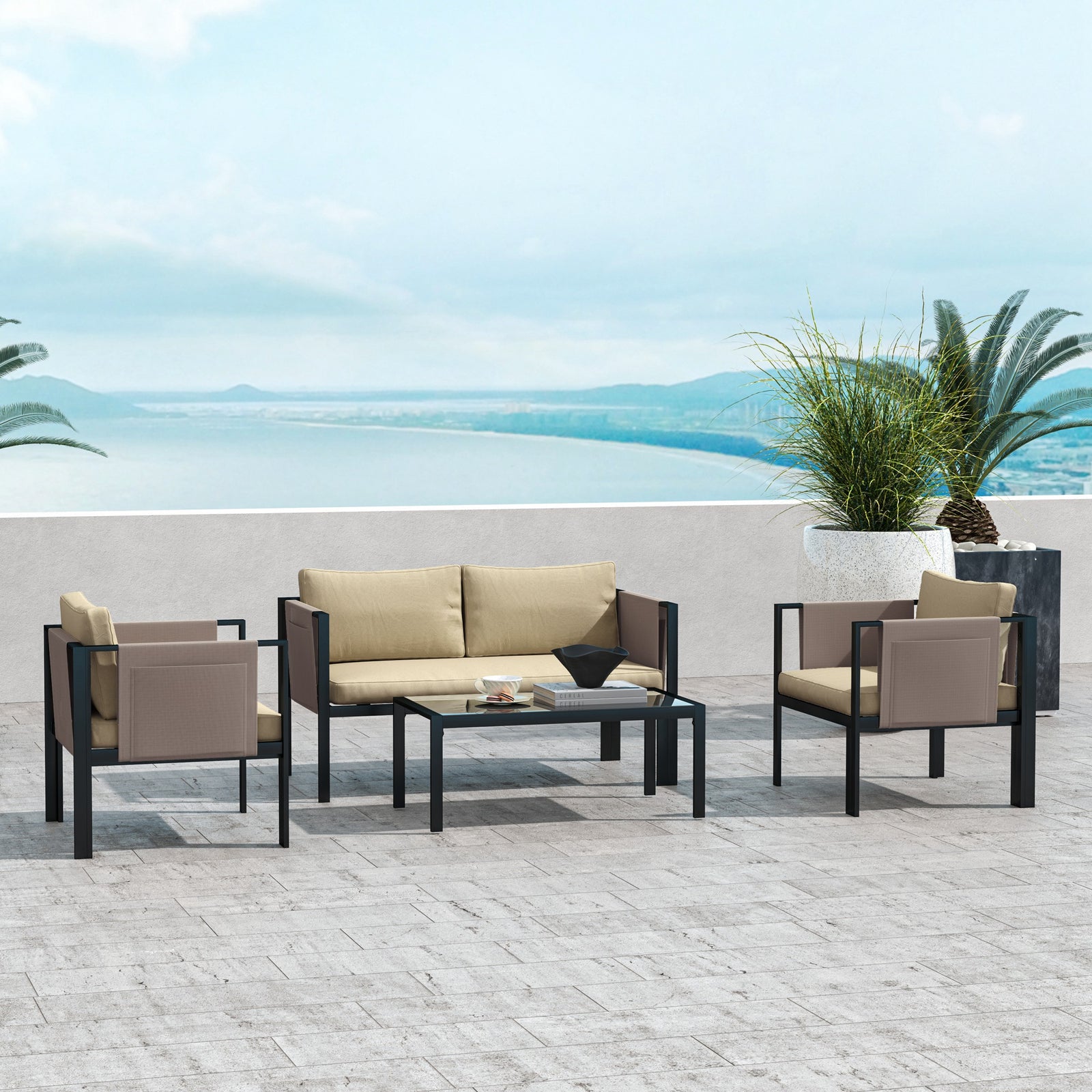 4 Piece Garden Sofa Set W/ Tempered Glass Coffee Table