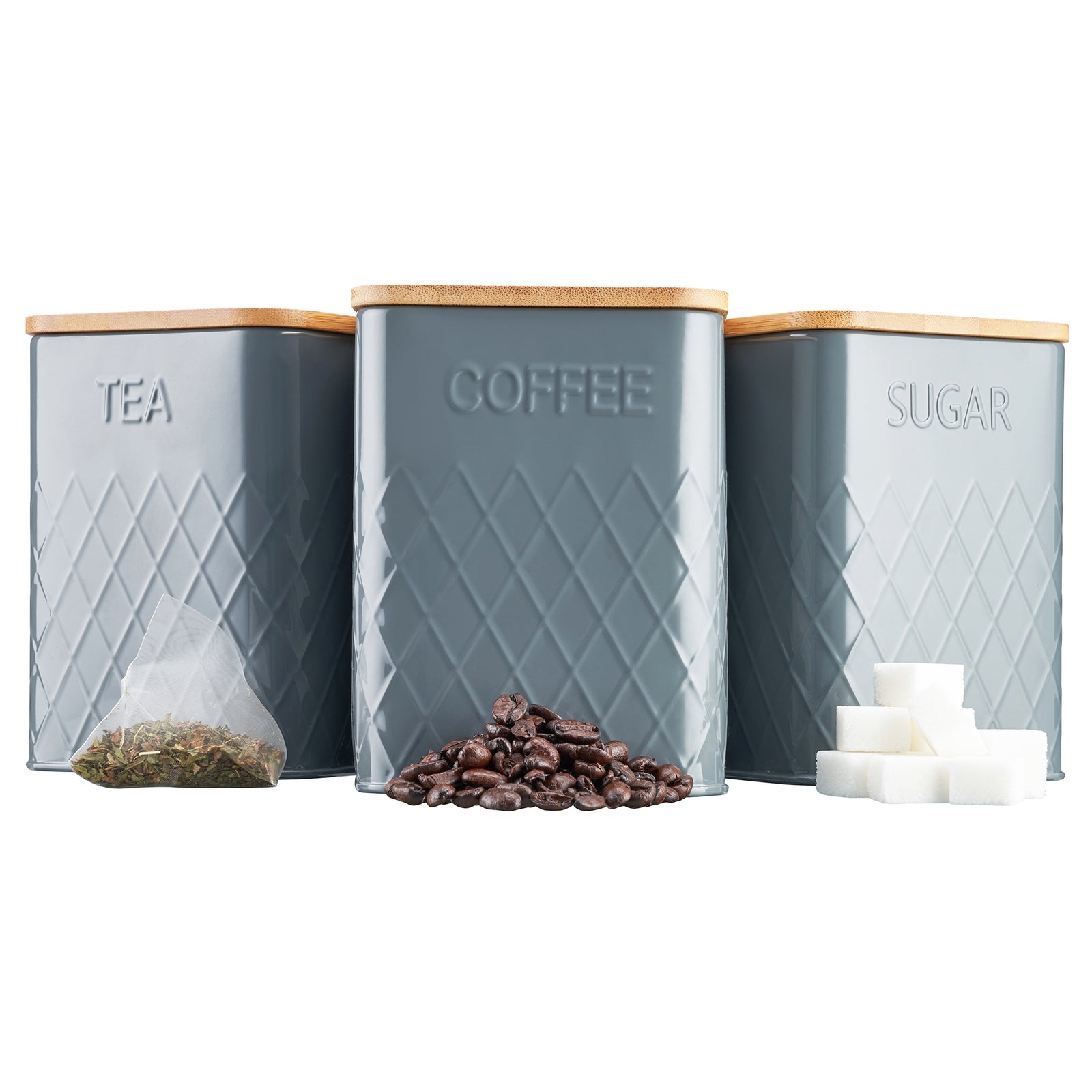 3-piece Kitchen Storage Square With Bamboo Lids Tea Coffee Sugar | Gray