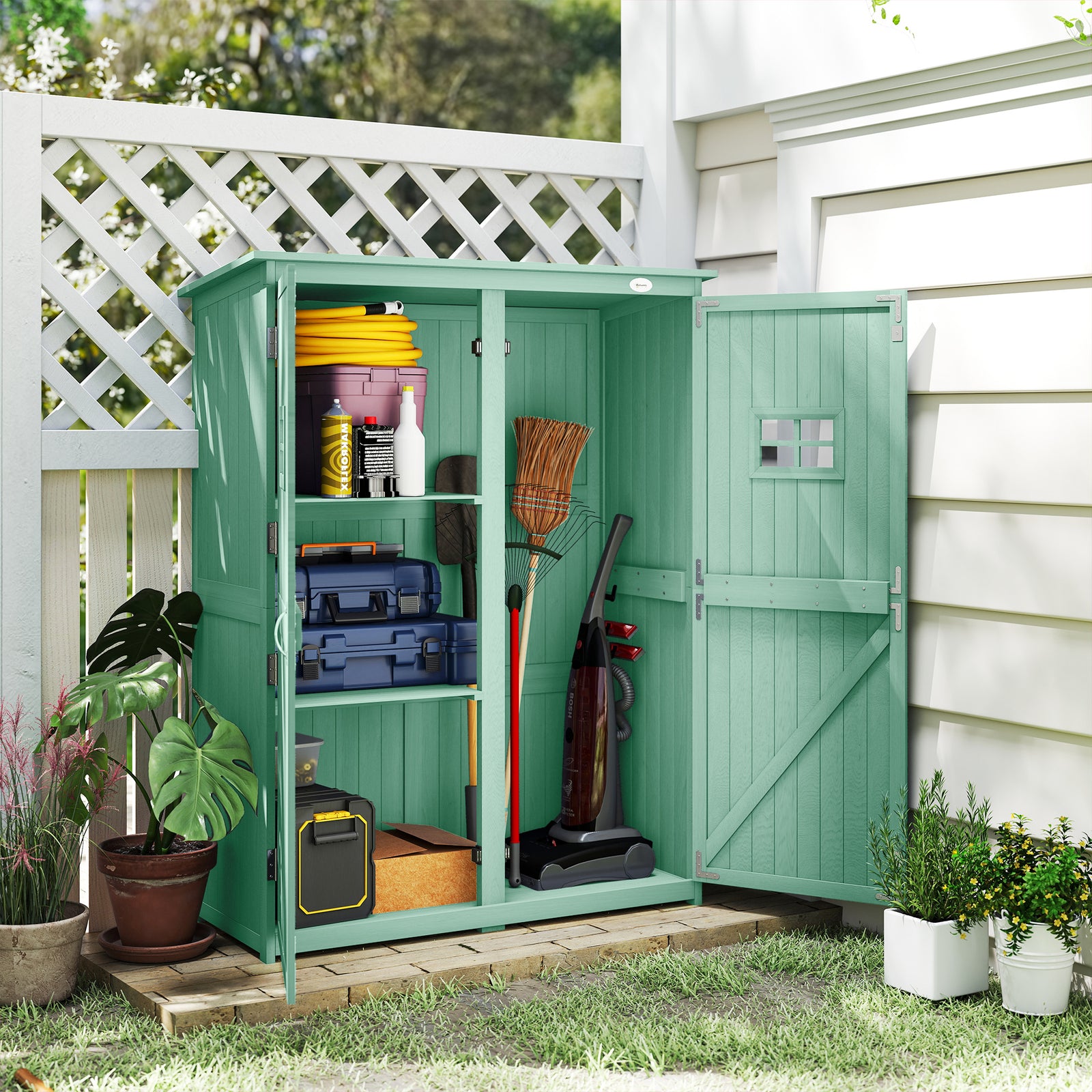 Wooden Garden Tool Storage Cabinet Double Door Shelf Green