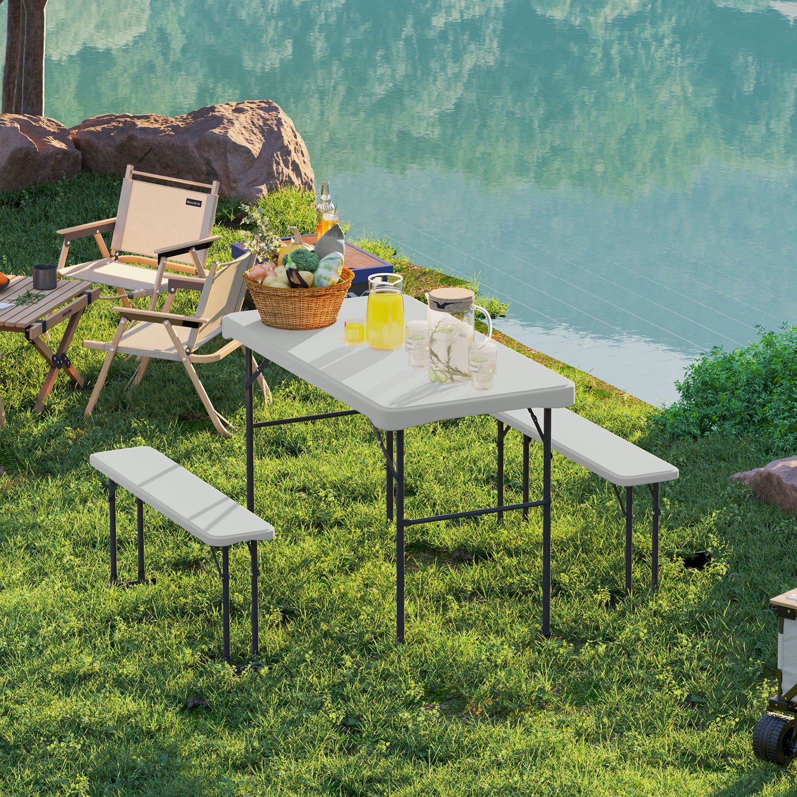 3 Piece Folding Picnic Table And Bench Set W/ Handle