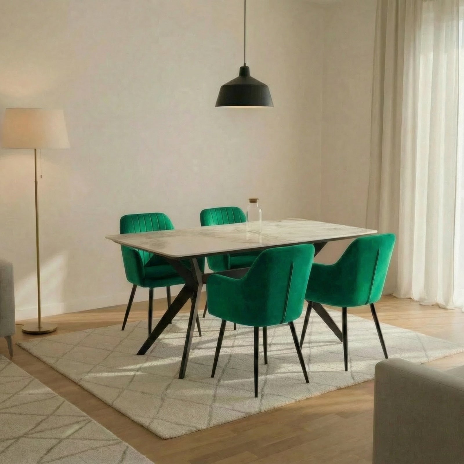 San Diego Marble Top Dining Table With Charlotte Velvet Chairs | Green