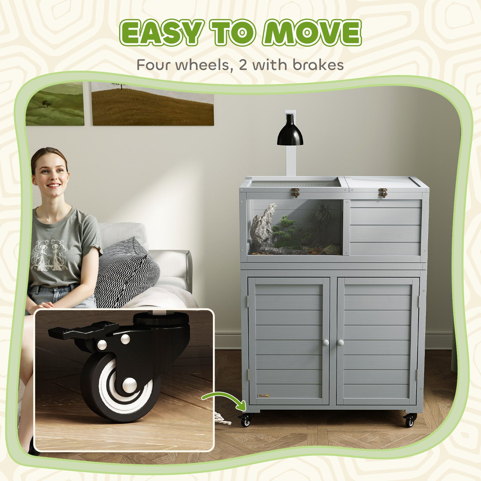 PawHut Tortoise House With Storage Cabinet, Lamp Holder, Openable Top