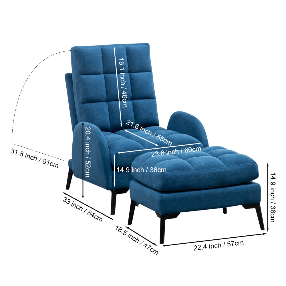 Frosted Velvet Armchair With Footstool Set– Adjustable 110°-180° Recline, Cozy Upholstered Chair With Metal Legs, Ergonomic Comfort | Blue