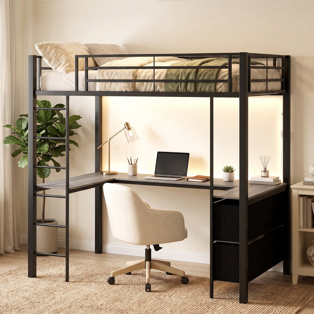 HOMCOM Metal Bunk Bed With Desk, High Sleeper With Led Light And Safety Guardrail