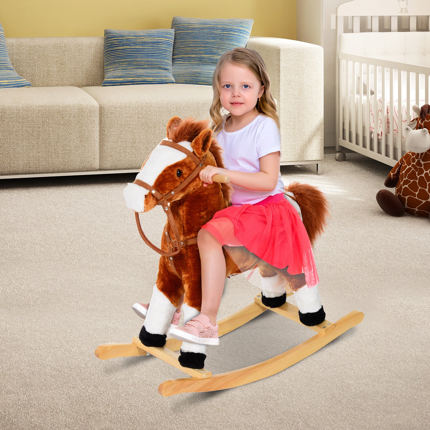 Rocking Horse Toy Plush Wood Pony Riding Rocker Neigh Sound | Brown