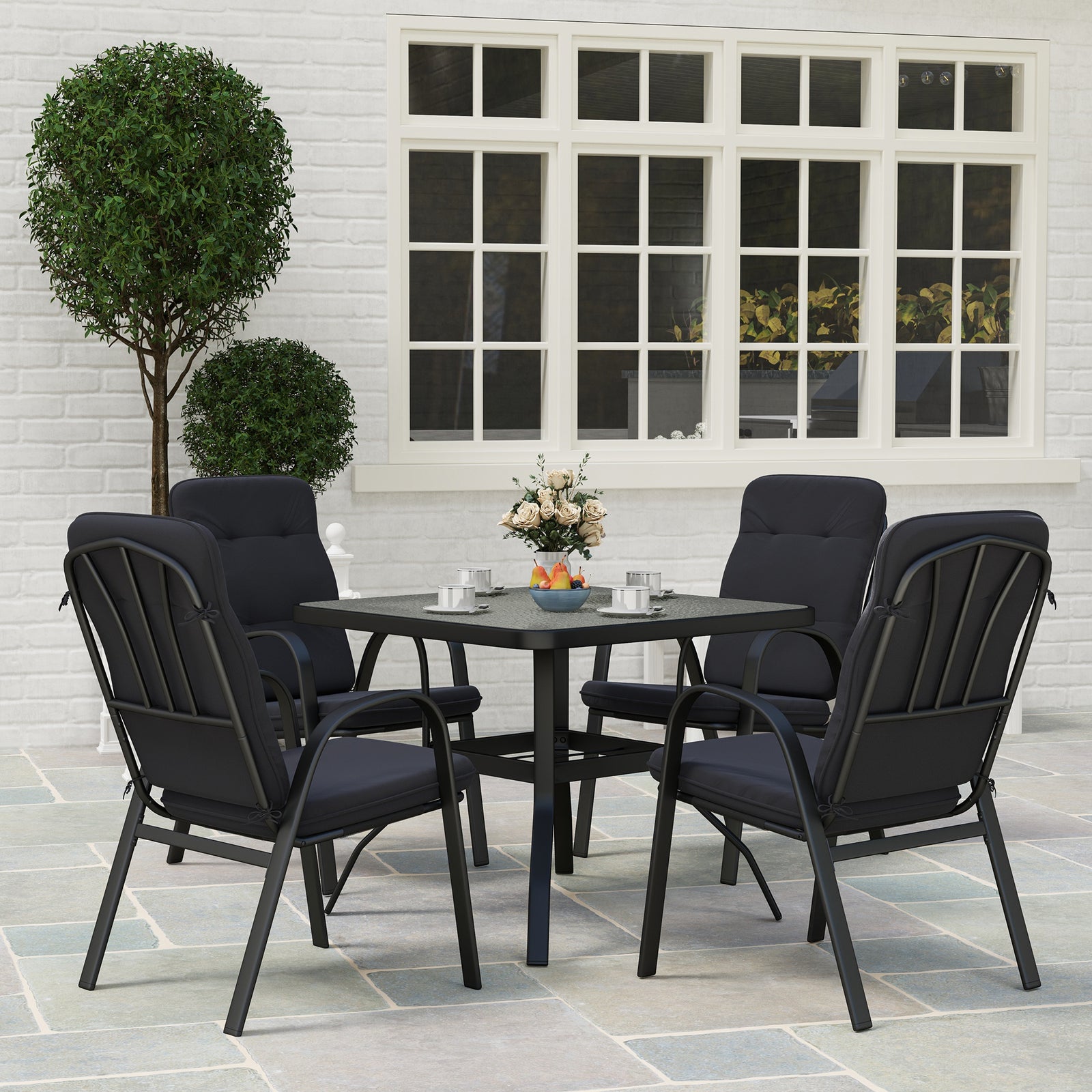 5-piece Outdoor Set, Square Table & 4 Armchairs, Black