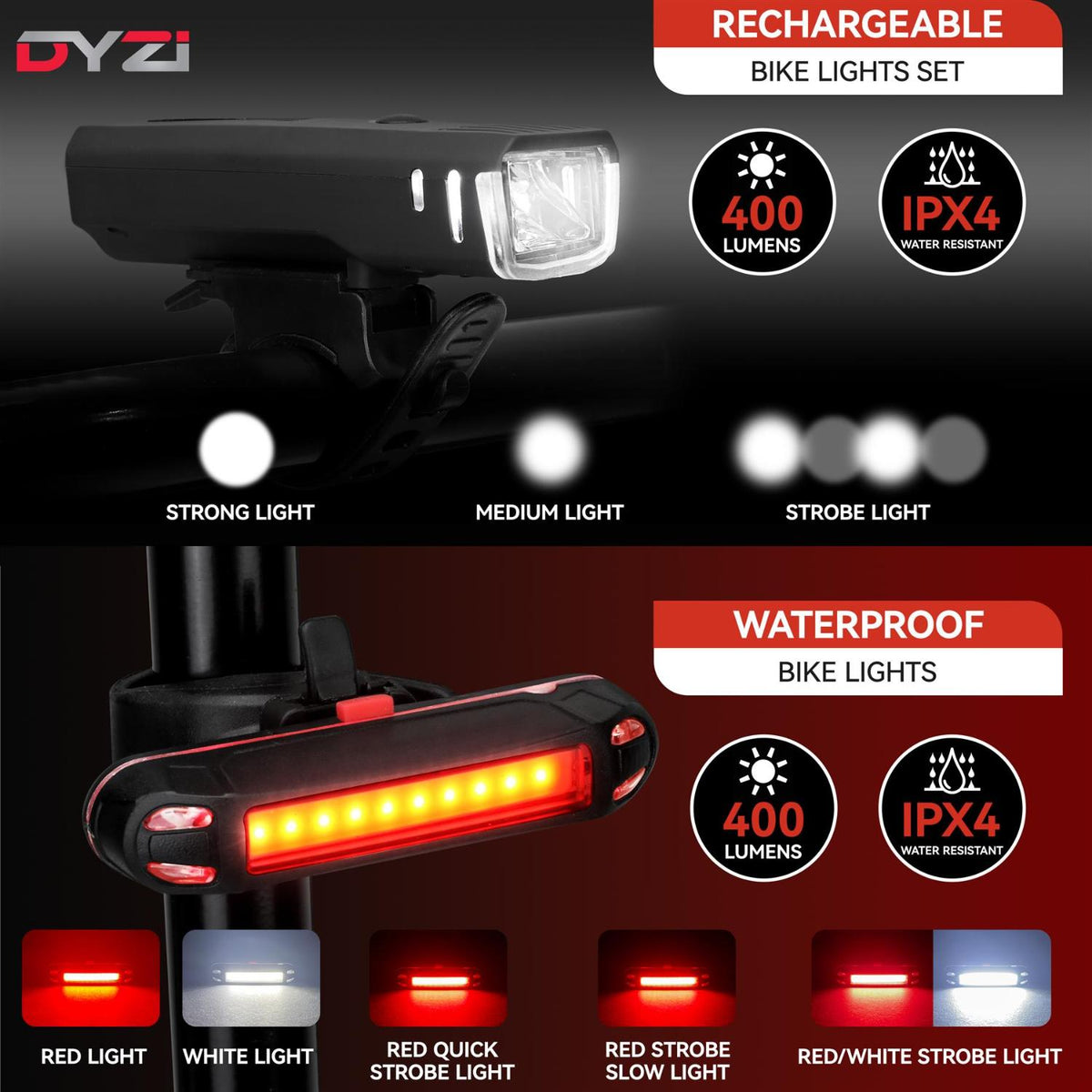 Dyzi Bike Bicycle Light Set Usb Rechargeable 4 Modes Daylight Sensor