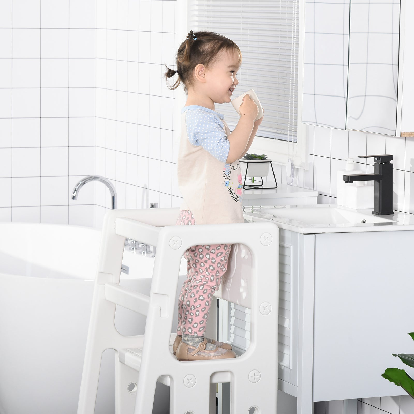 Step Stool, Adjustable Standing Platform, Toddler Kitchen Stool | White