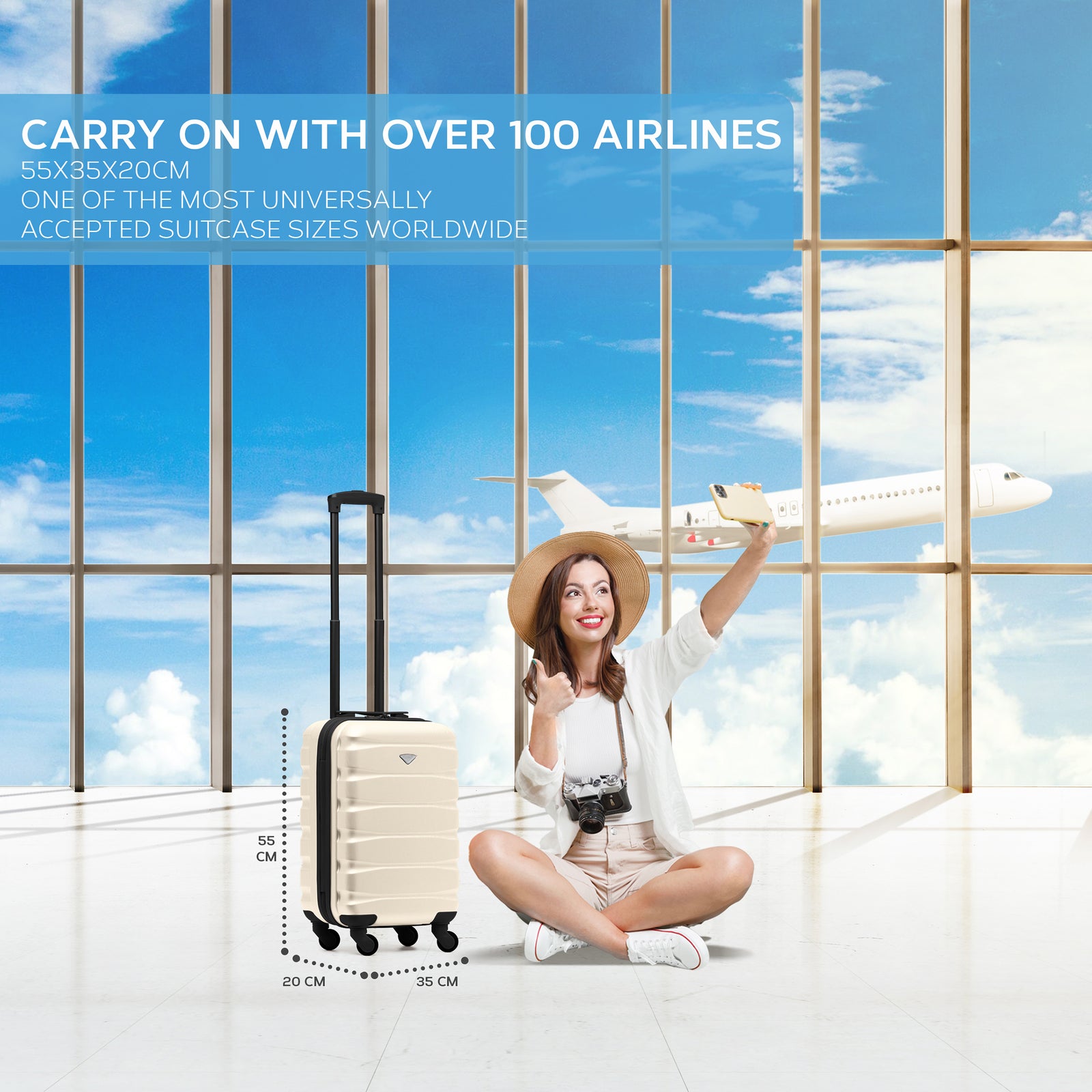 55x35x20cm Cabin Carry On Suitcase Hard Shell Overhead Luggage 100+ Airlines Approved | Cabin | Cream & Black
