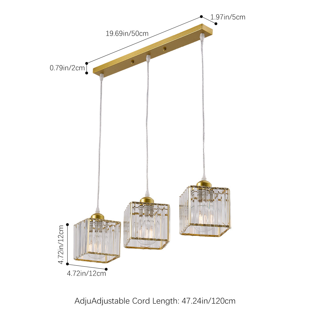 3-light Crystal Pendant Light Height Adjustable Rectangular Ceiling Chandelier | Gold