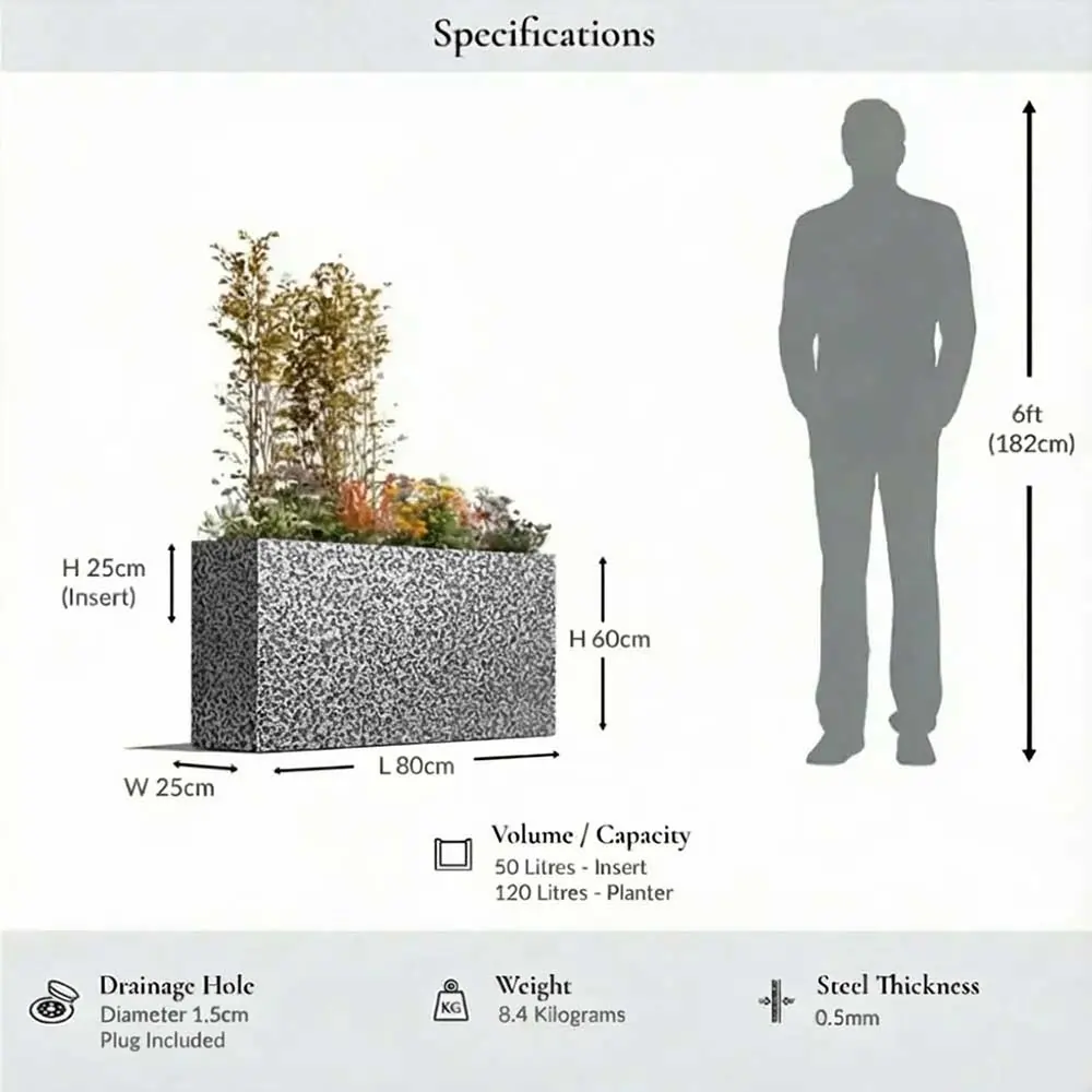 Long Zinc Galvanised Tall Trough Planter | 80cm x 25cm x 60cm | Silver Black