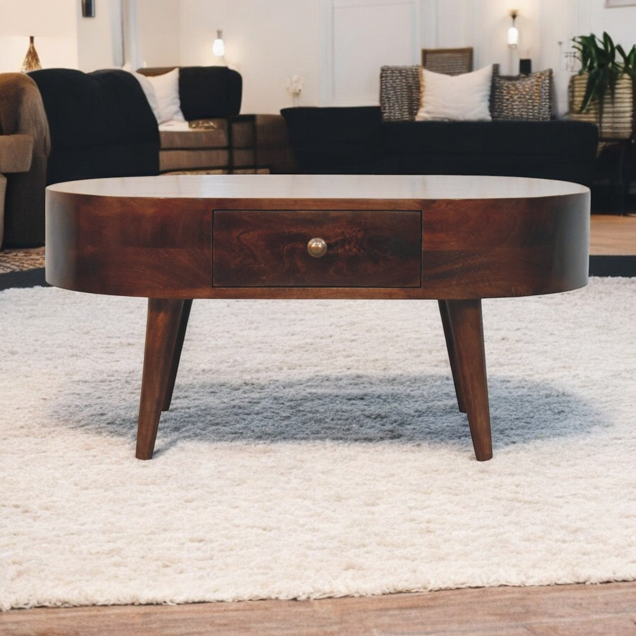 Solid Wood California Walnut Rounded Coffee Table, 2 Drawers, Dark Brown