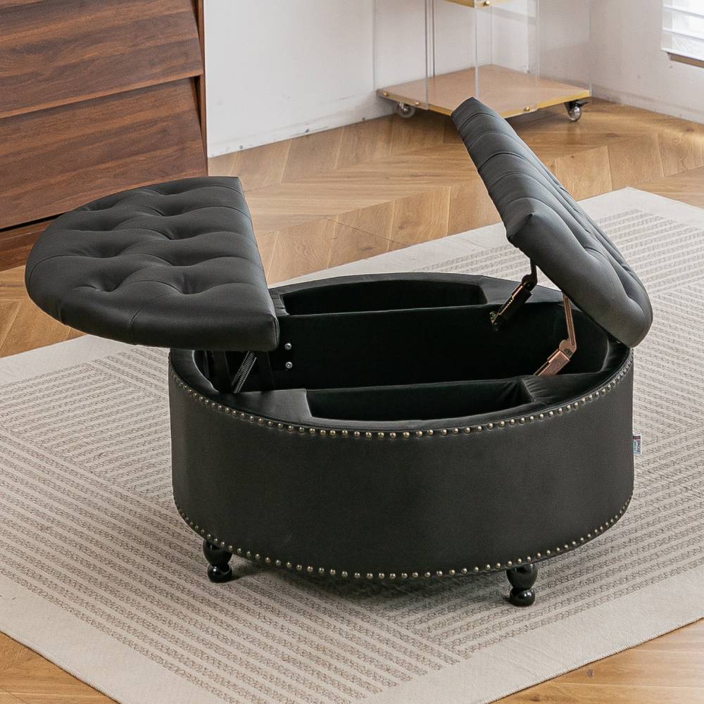 Round Pu Leather Upholstered Storage Ottoman With Lift-top & Flip Design | Black