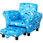 Cute Cloud Star Child Armchair Seat Wood Frame W/ Footrest Padding | Blue