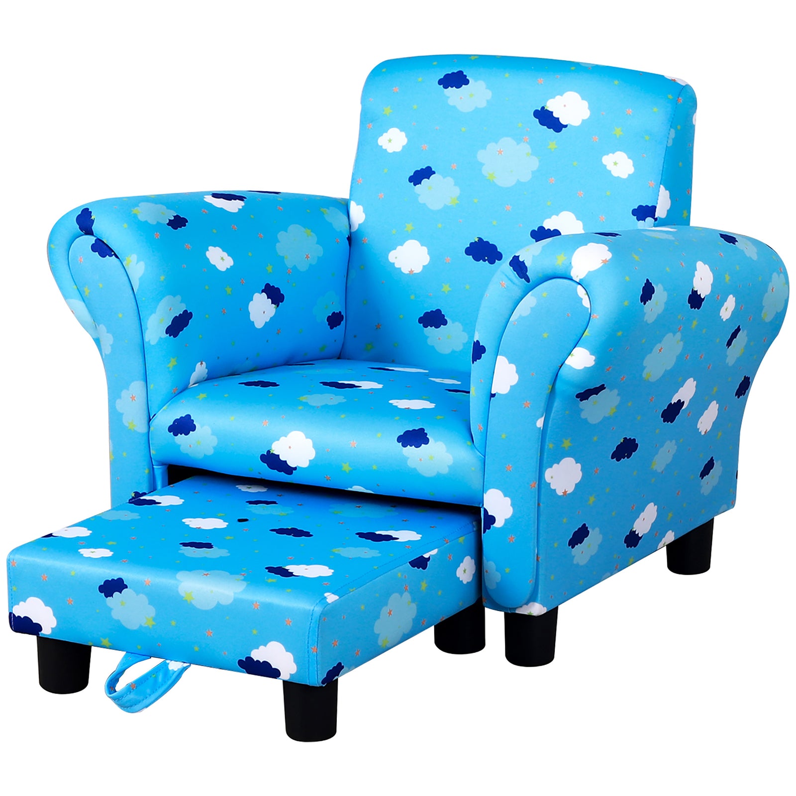 Cute Cloud Star Child Armchair Seat Wood Frame W/ Footrest Padding | Blue