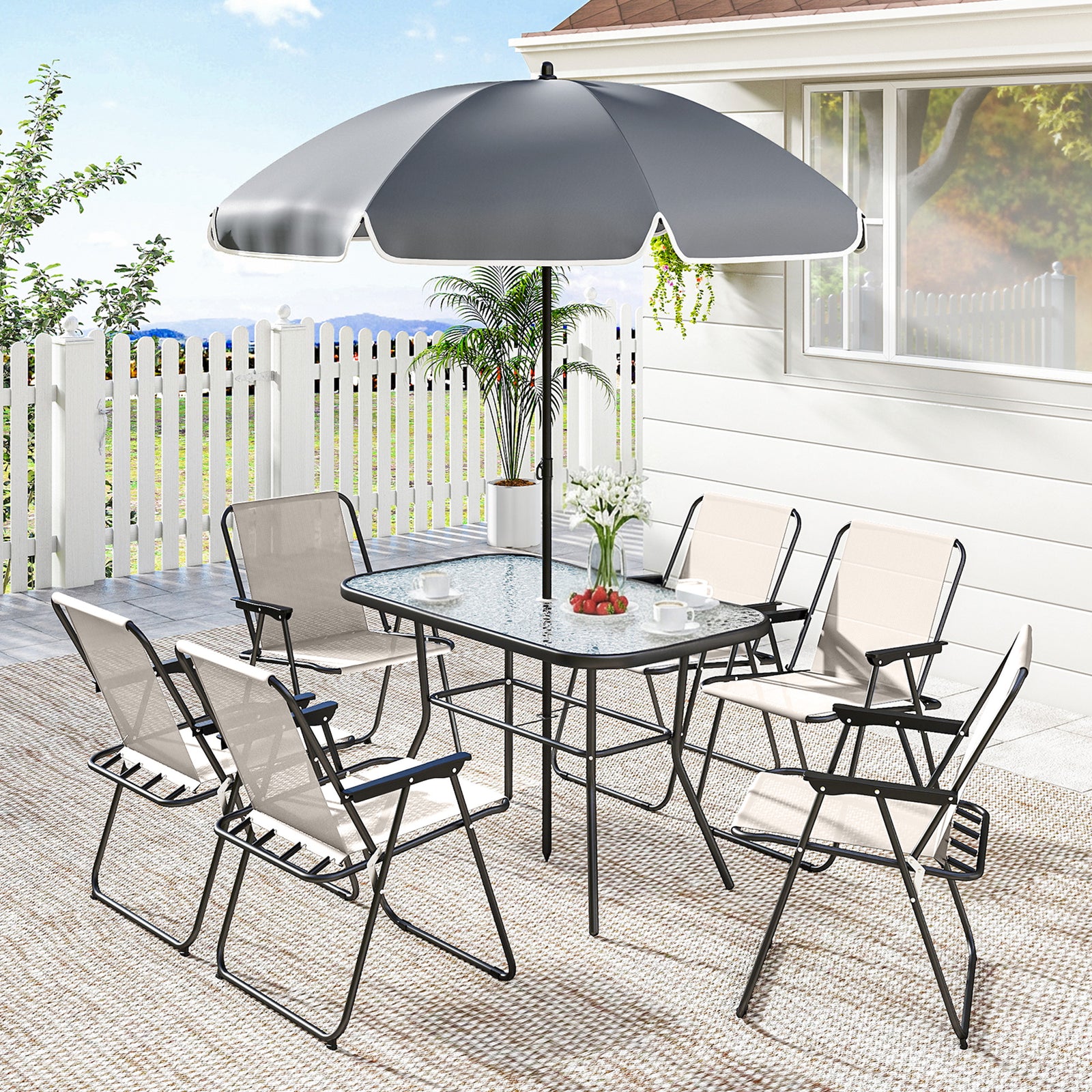 8 Piece Garden Dining Set With 6 Folding Chairs And Umbrella | Cream