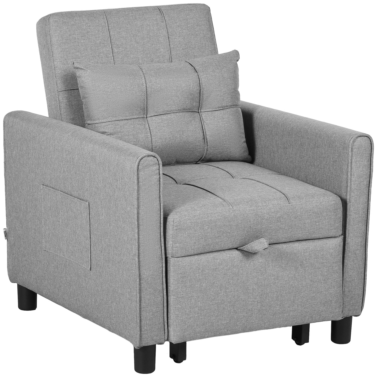 Pull Out Chair Bed Sleeper Chair With Pillow Side Pockets | One Size | Charcoal Gray