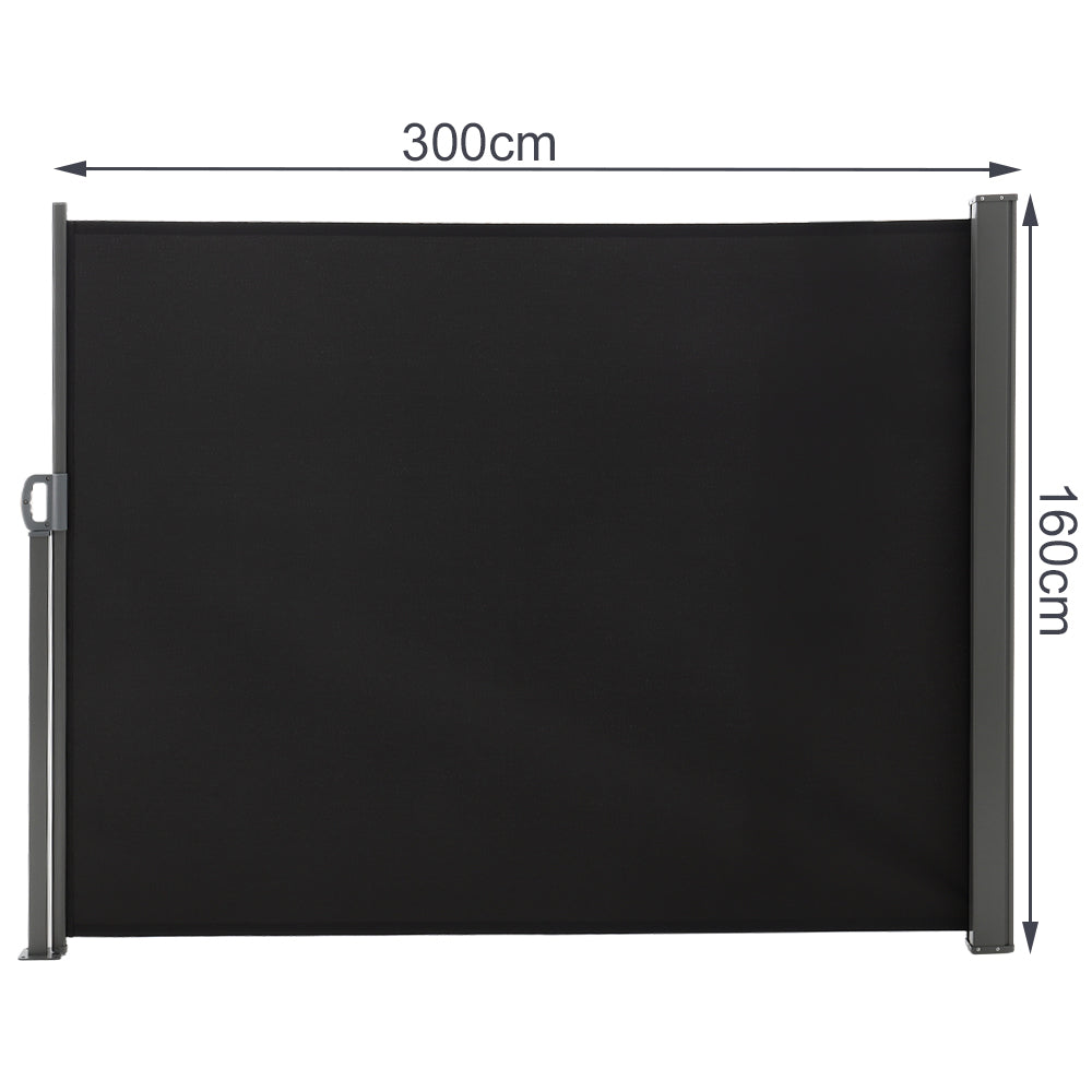 Retractable Side Awning 300cm Patio Privacy Screen Uv & Water Resistant Polyester Garden Balcony Wind Screen (160/180cm H) | Small | Black
