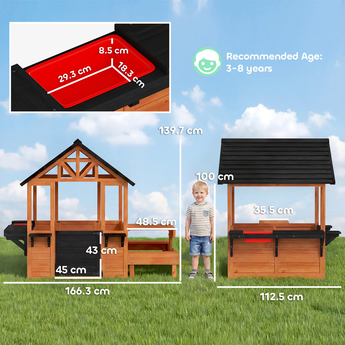 AIYAPLAY Wooden Playhouse For Kids With Table And Benches For Age 3-8, Brown